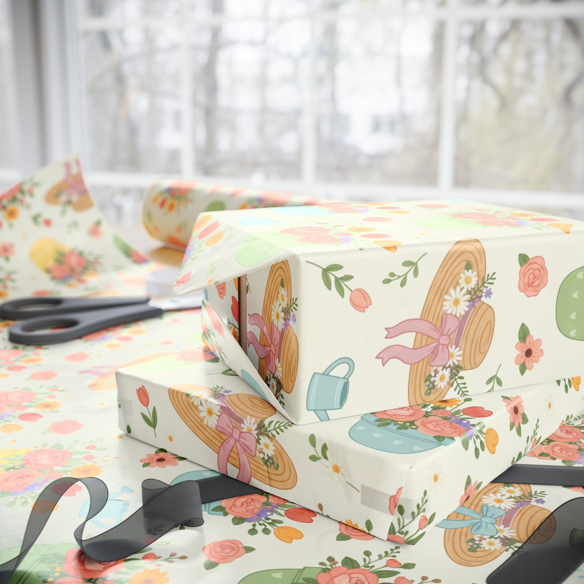 Floral Bouquet Gardening Wrapping Paper Roll — Pastel Flowers Gift Wrap for Spring & Mother's Day