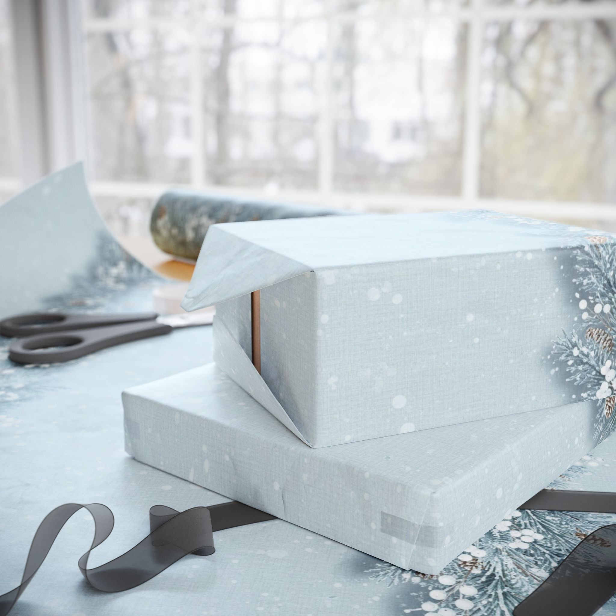 Winter Pine Cones Wrapping Papers | Blue Snowy Evergreen Pattern