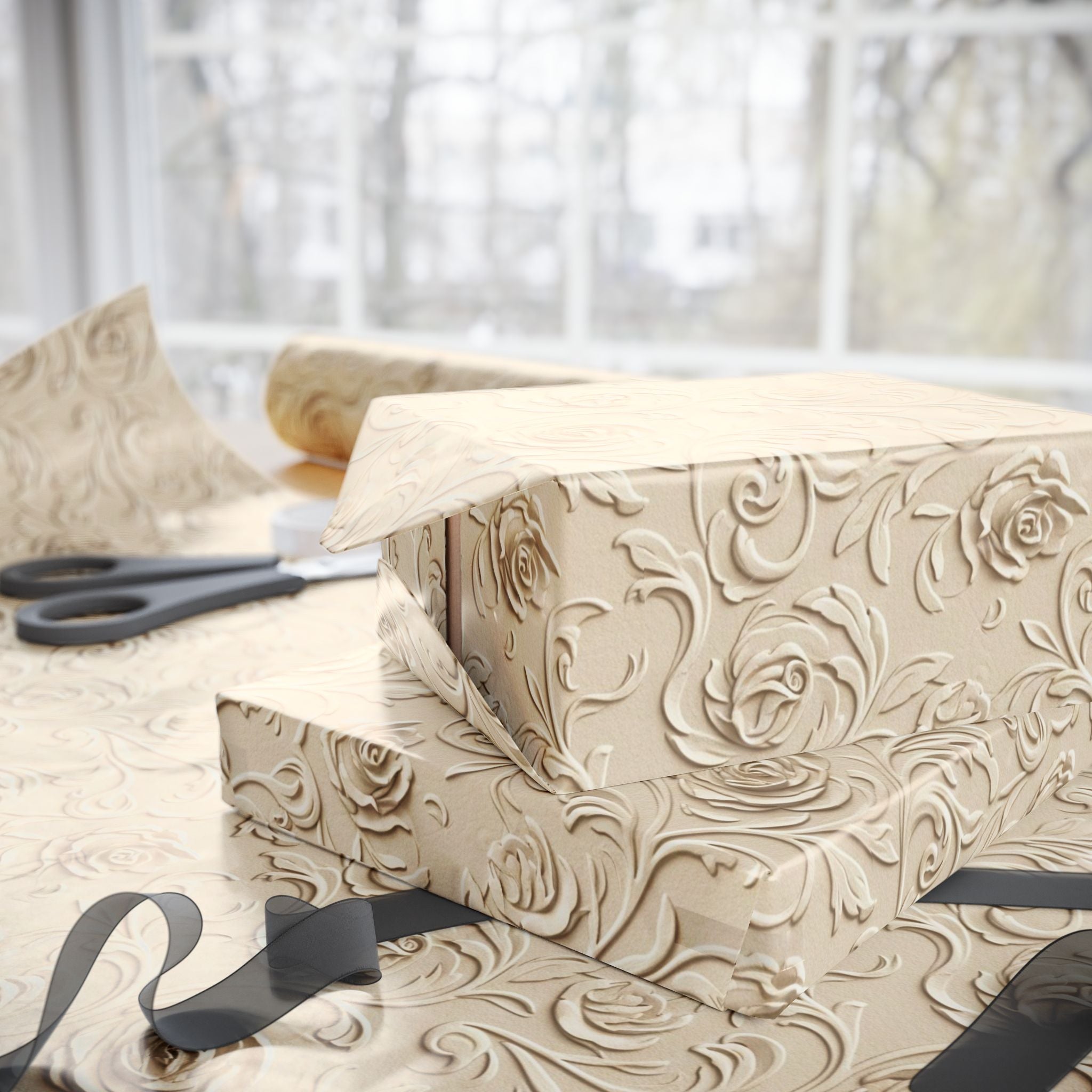 Ivory Embossed Rose Pattern Wrapping Paper | Classic Floral Gift Wrap