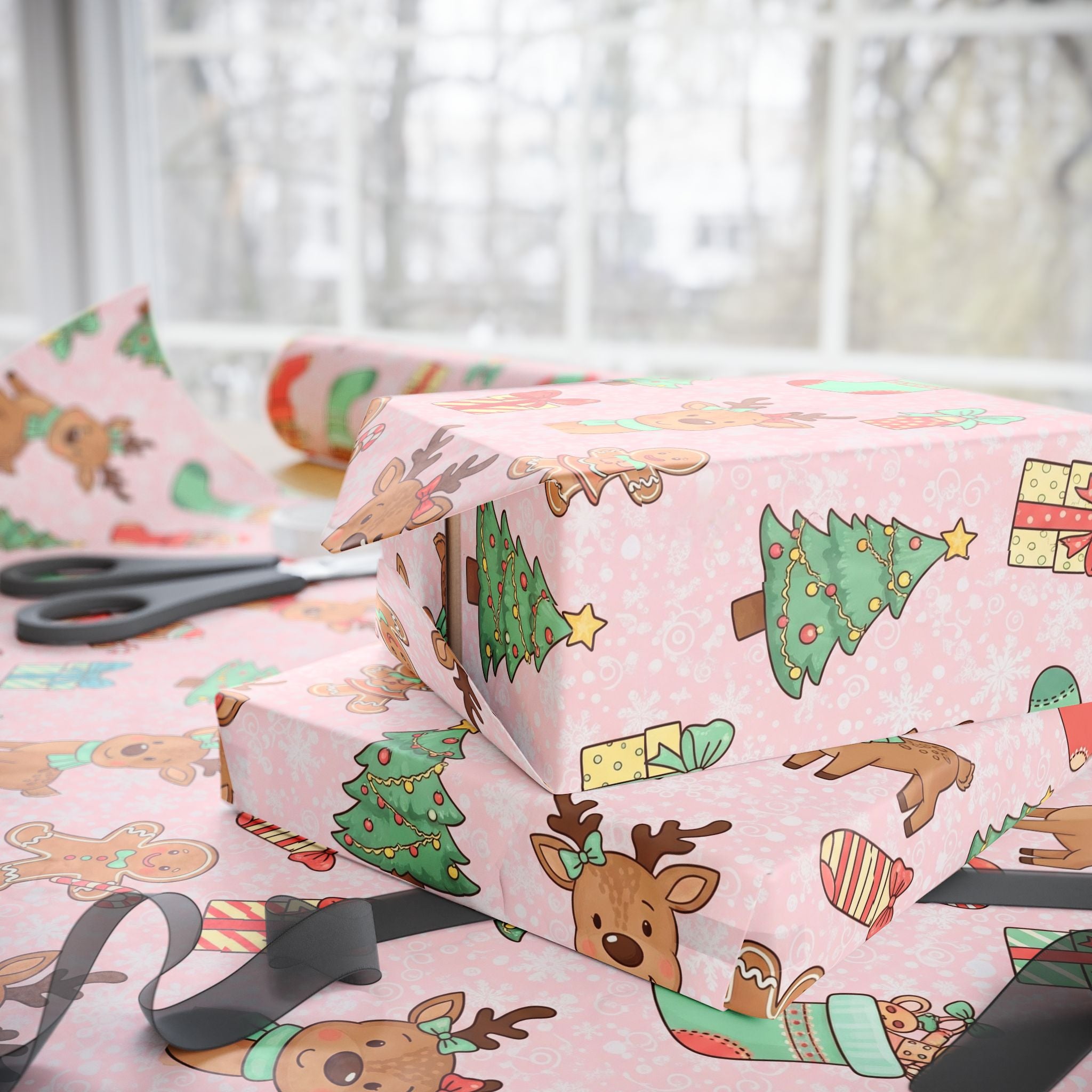 Pink Reindeer and Gingerbread Wrapping Paper, Cute Christmas Gift Wrap for Girls, Holiday Kids Gift Paper, Festive Xmas Packaging