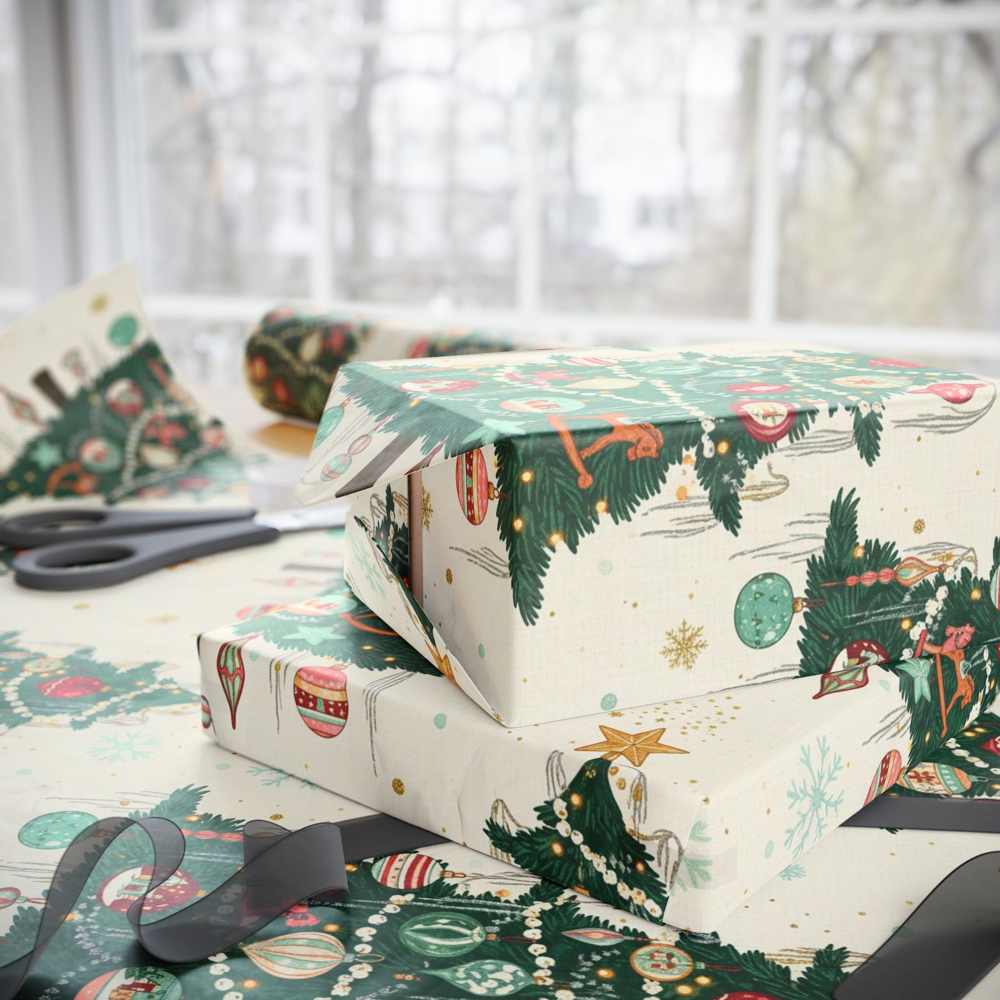 Vintage Christmas Tree Wrapping Paper - Retro Holiday Gift Wrap for Family & Friends, Nostalgic Xmas Ornaments