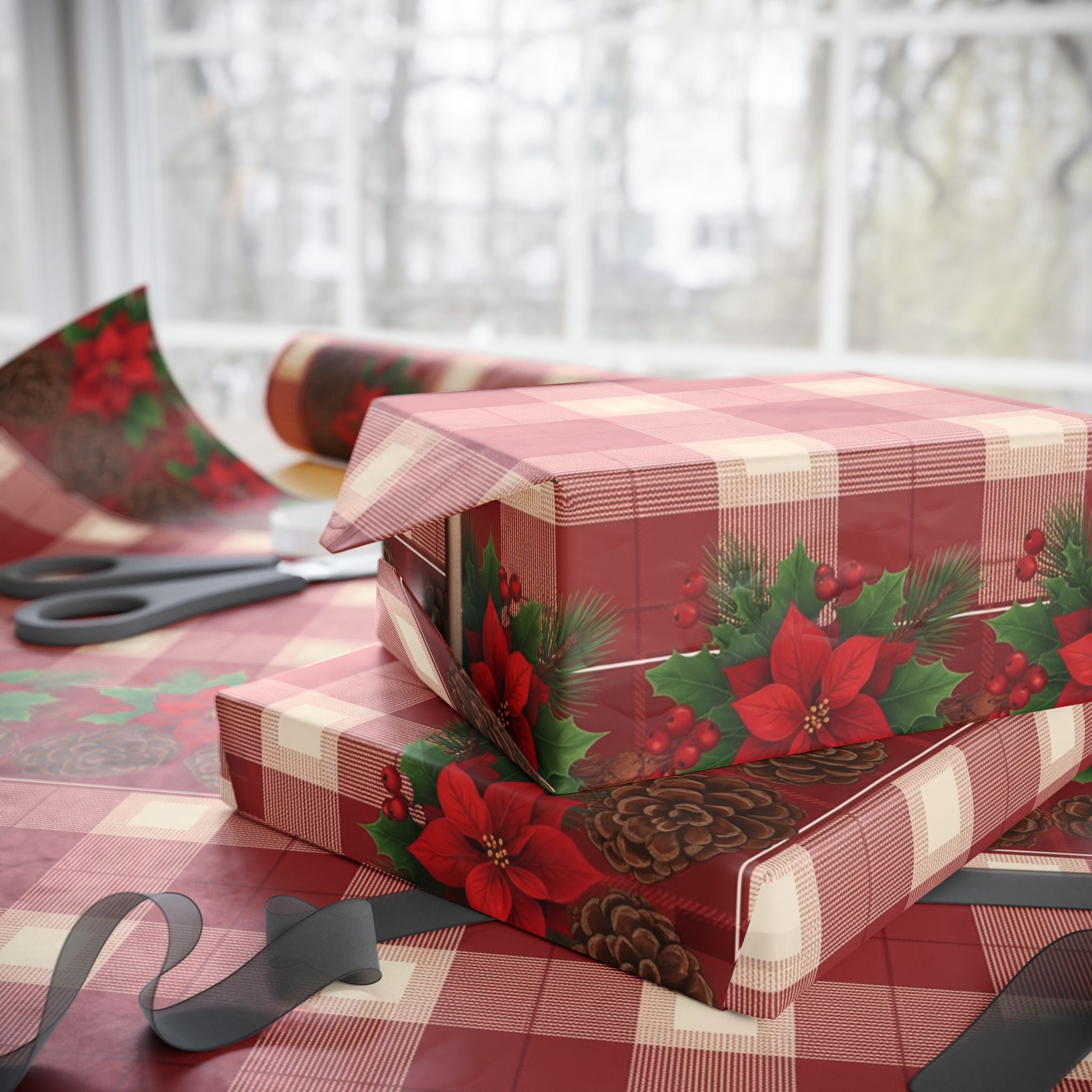 Poinsettia Pinecone Plaid Wrapping Paper