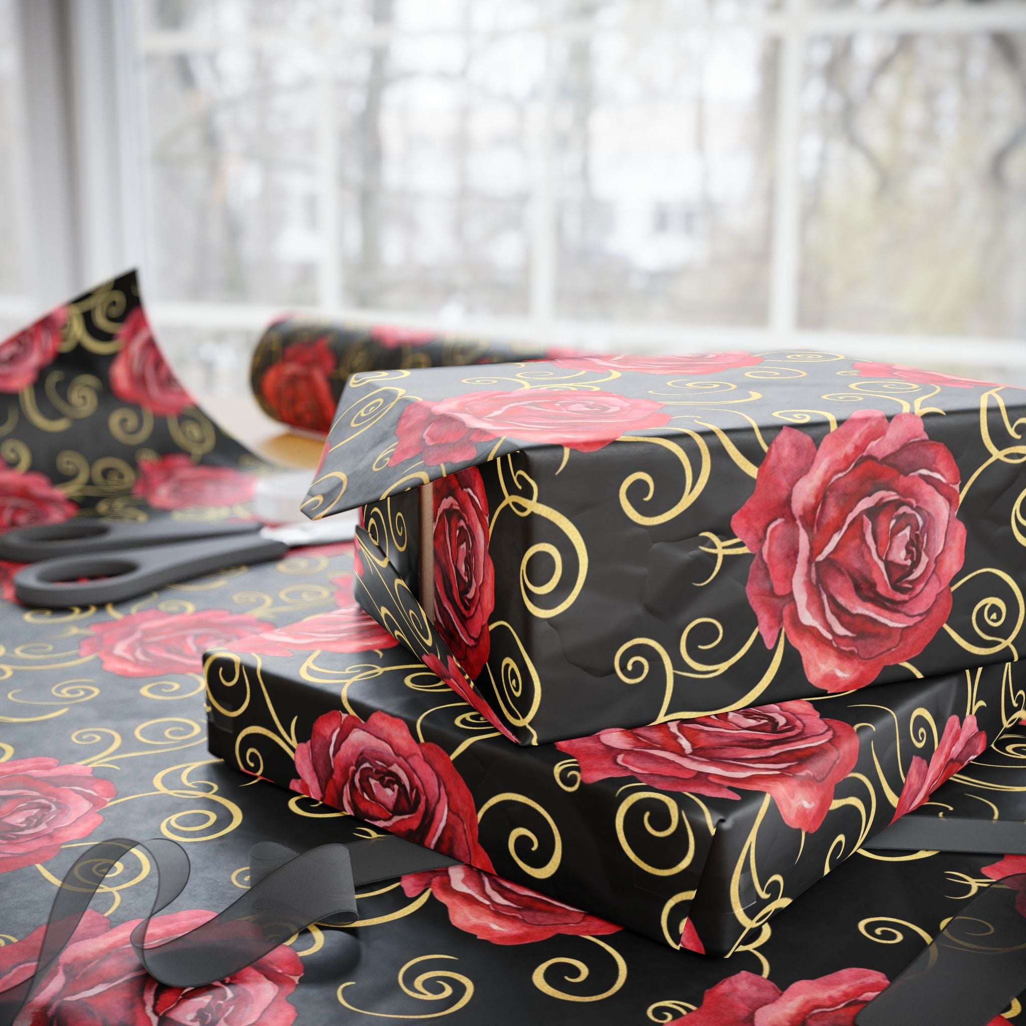 Red Rose Swirl Wrapping Paper | Floral Gift Wrap, Black & Gold