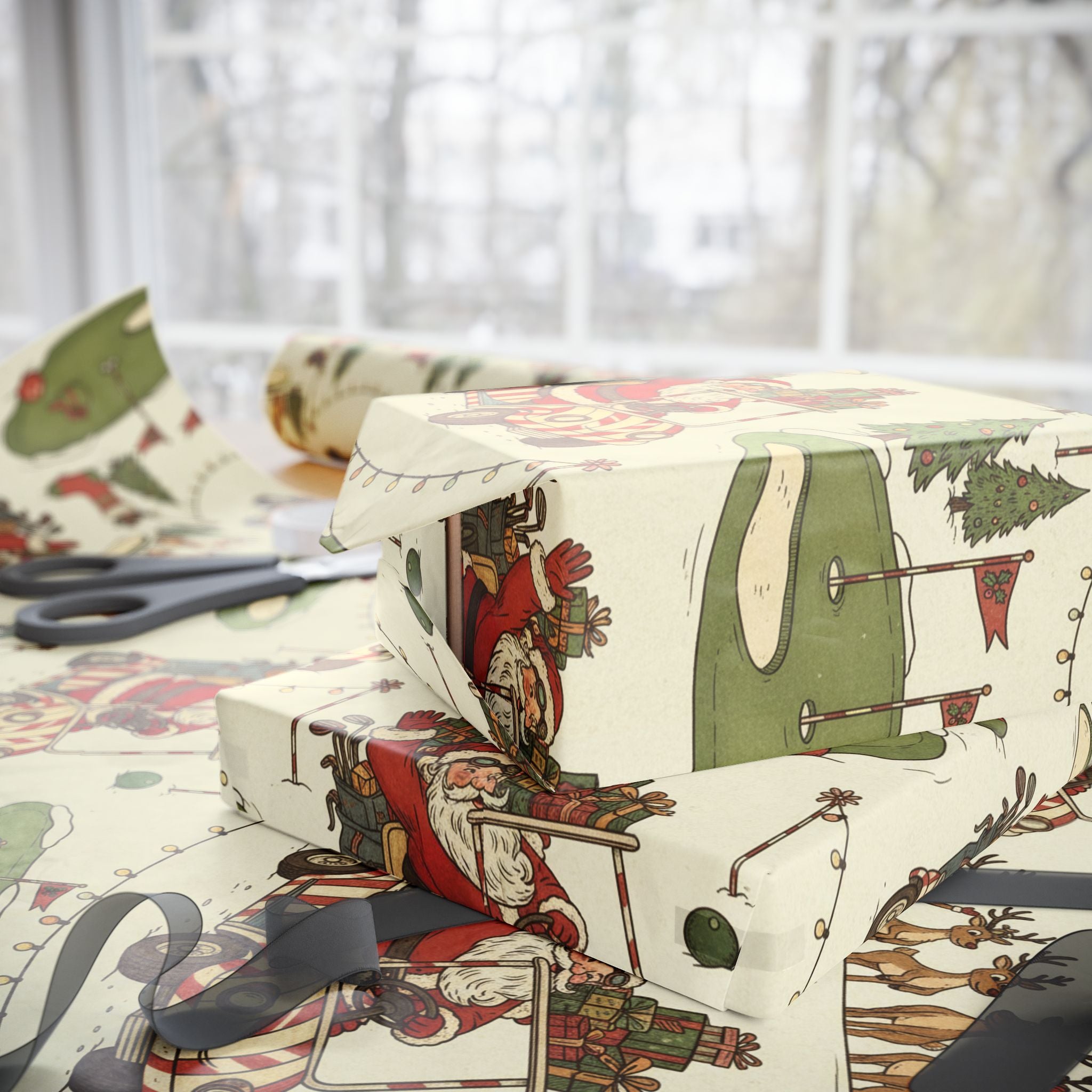 Wrapping Papers, Christmas Santa Golf Cart Pattern, Holiday Gift Wrap, Festive Seamless Design, Cheerful Vintage Style