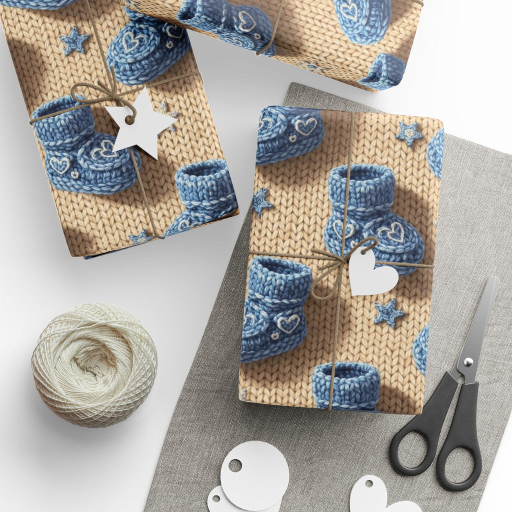 Knitted Wrapping Paper, Baby Shower Gift Wrap, Baby Boy Booties Design, Blue Gift Wrap Paper, Cute Baby Shower Wrap