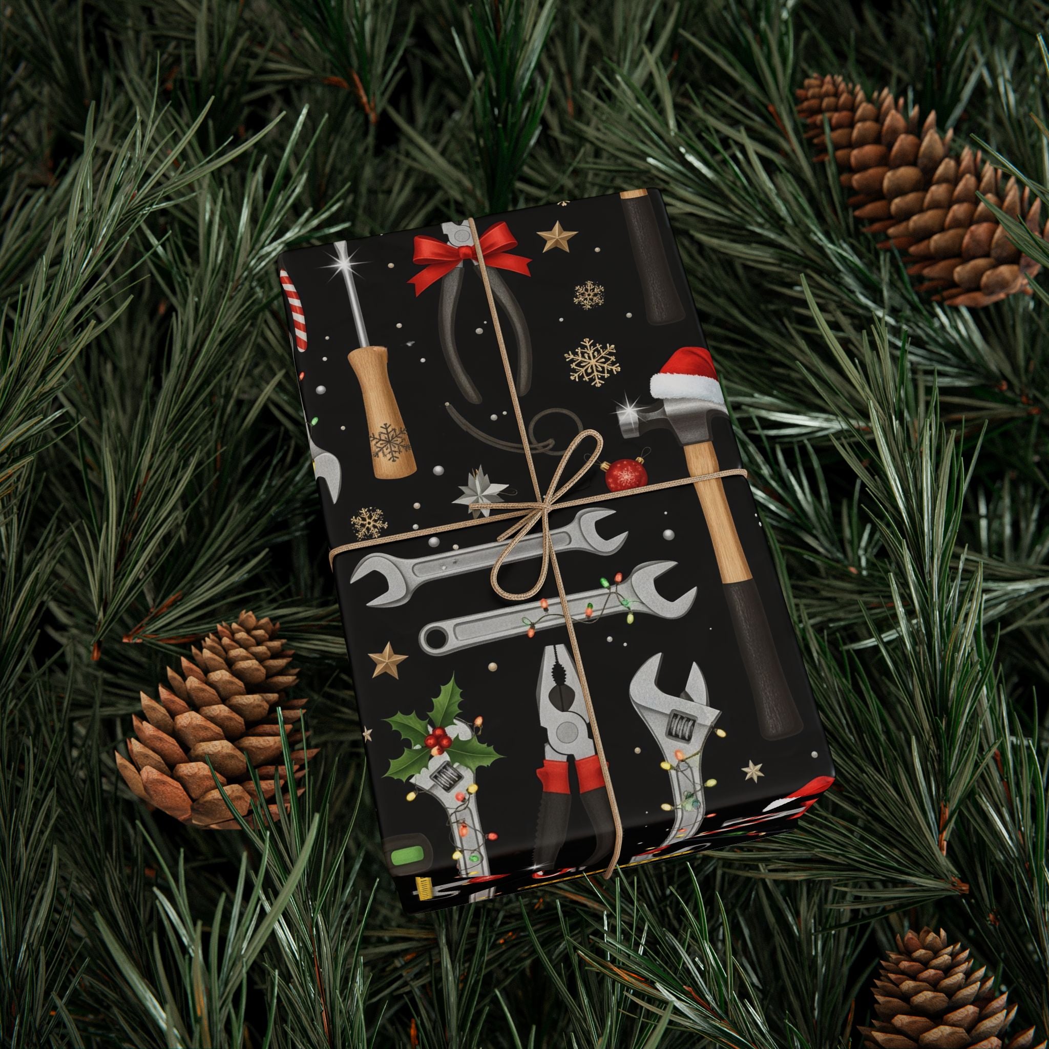 Mens Tools Wrapping Paper, Funny Christmas Gift Wrap with Wrenches, Hammers and Tools in Holiday Lights, Gag Xmas Packaging