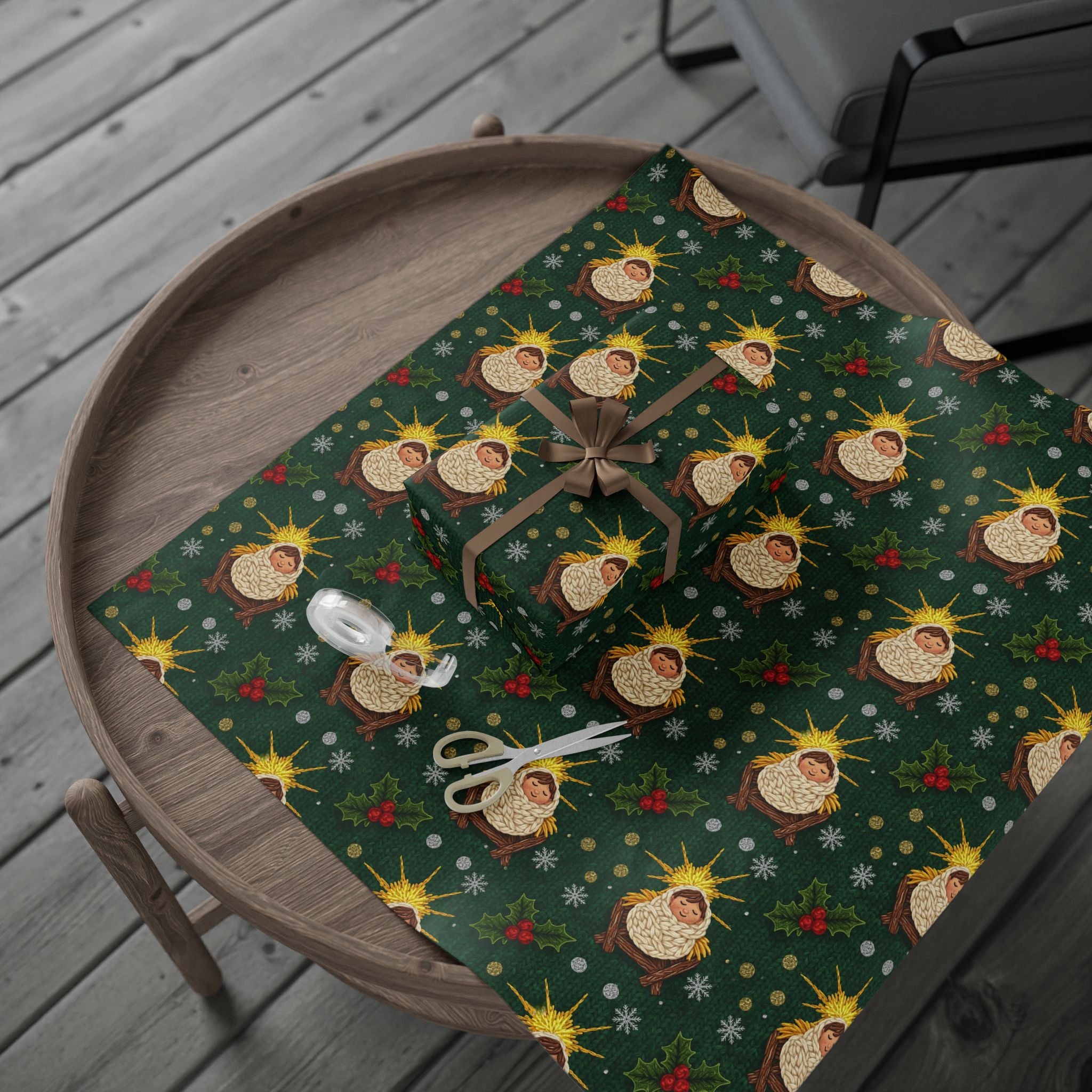 Baby Jesus Knit Wrapping Paper | Christmas Pattern on Green
