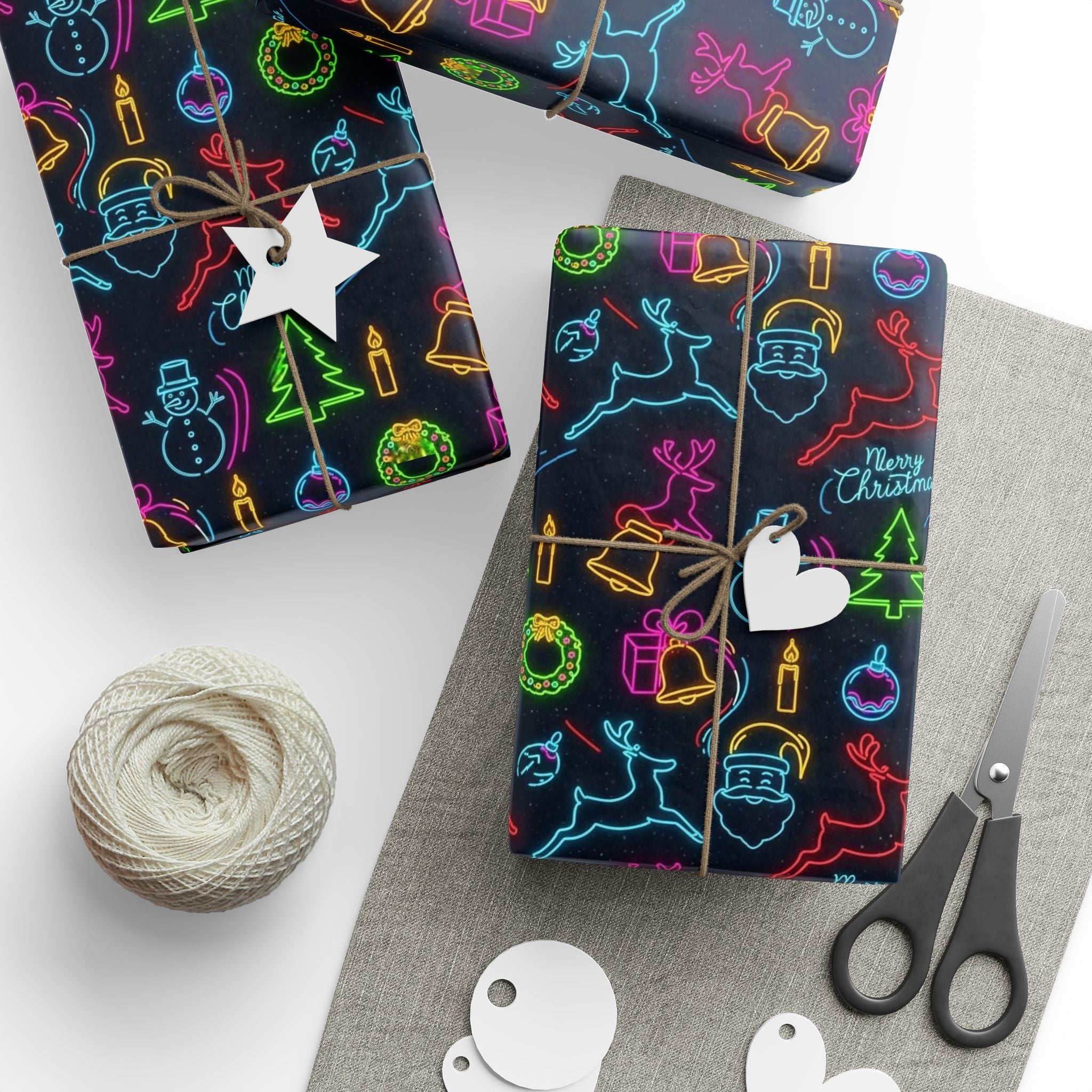 Black Neon Christmas Wrapping Paper | Trendy Teen Gift Wrap | Modern Holiday Paper | Bright Reindeer Wreath Candle  Festive Xmas Decor