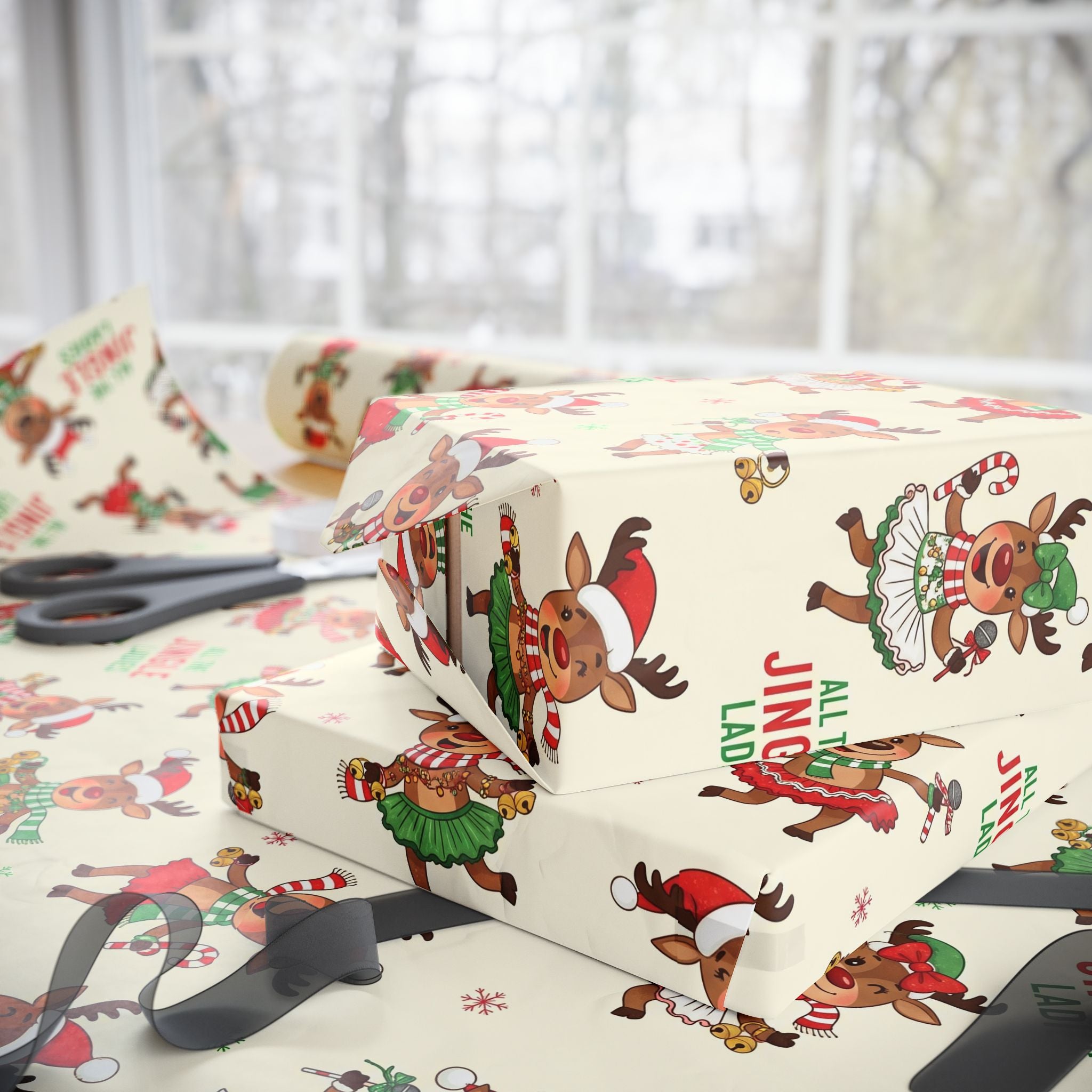 All the Jingle Ladies Wrapping Paper, Funny Singing & Dancing Reindeer Christmas Gift Wrap, Cute Holiday Packaging, Novelty Xmas Paper