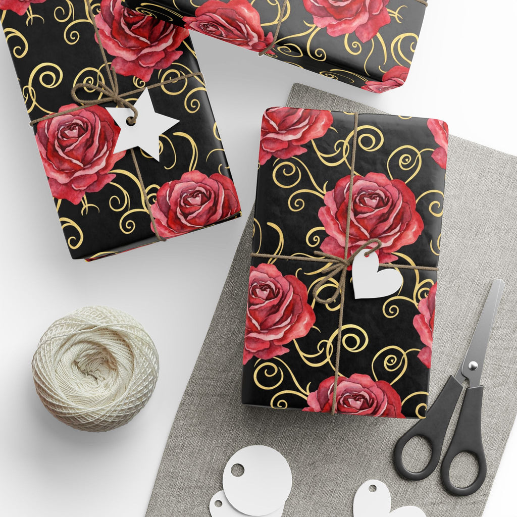 Red Rose Swirl Wrapping Paper | Floral Gift Wrap, Black & Gold