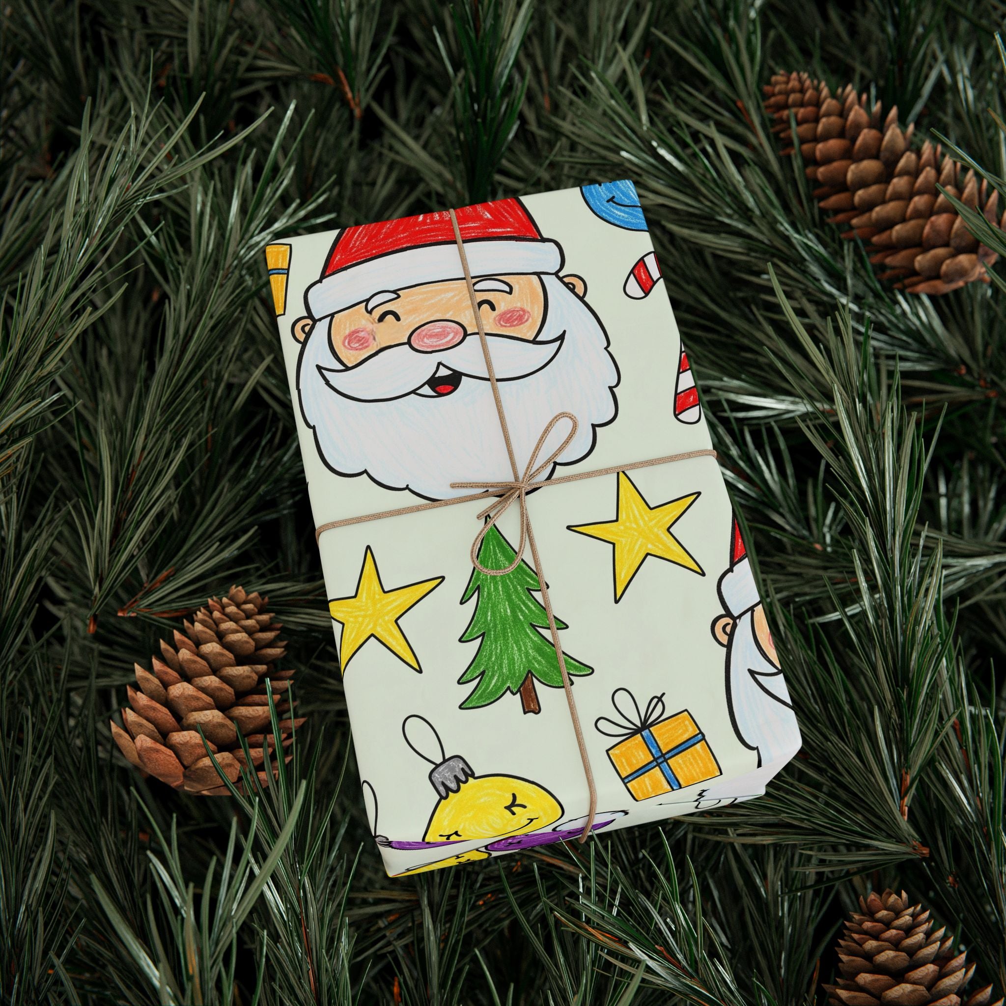Kids Scribble Santa Wrapping Paper, Cute Christmas Gift Wrap with Childlike Coloring of Santa and Presents, Fun Holiday Kids Gift Paper