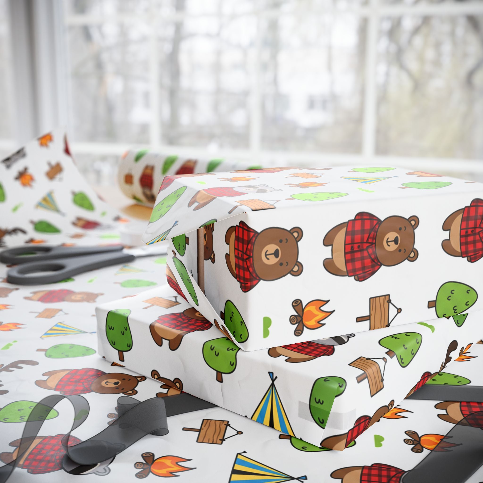 Camping Cartoon Wrapping Papers, Birthday Gift Wrap for Boys, Adventure Party Supplies, Toddler Party Favors, Outdoor Explorer Theme,