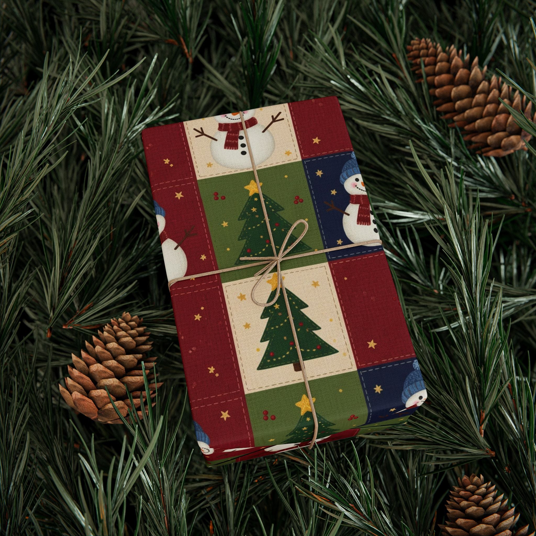 Snowman & Christmas Quilt Tree Wrapping Paper | Holiday Pattern Roll