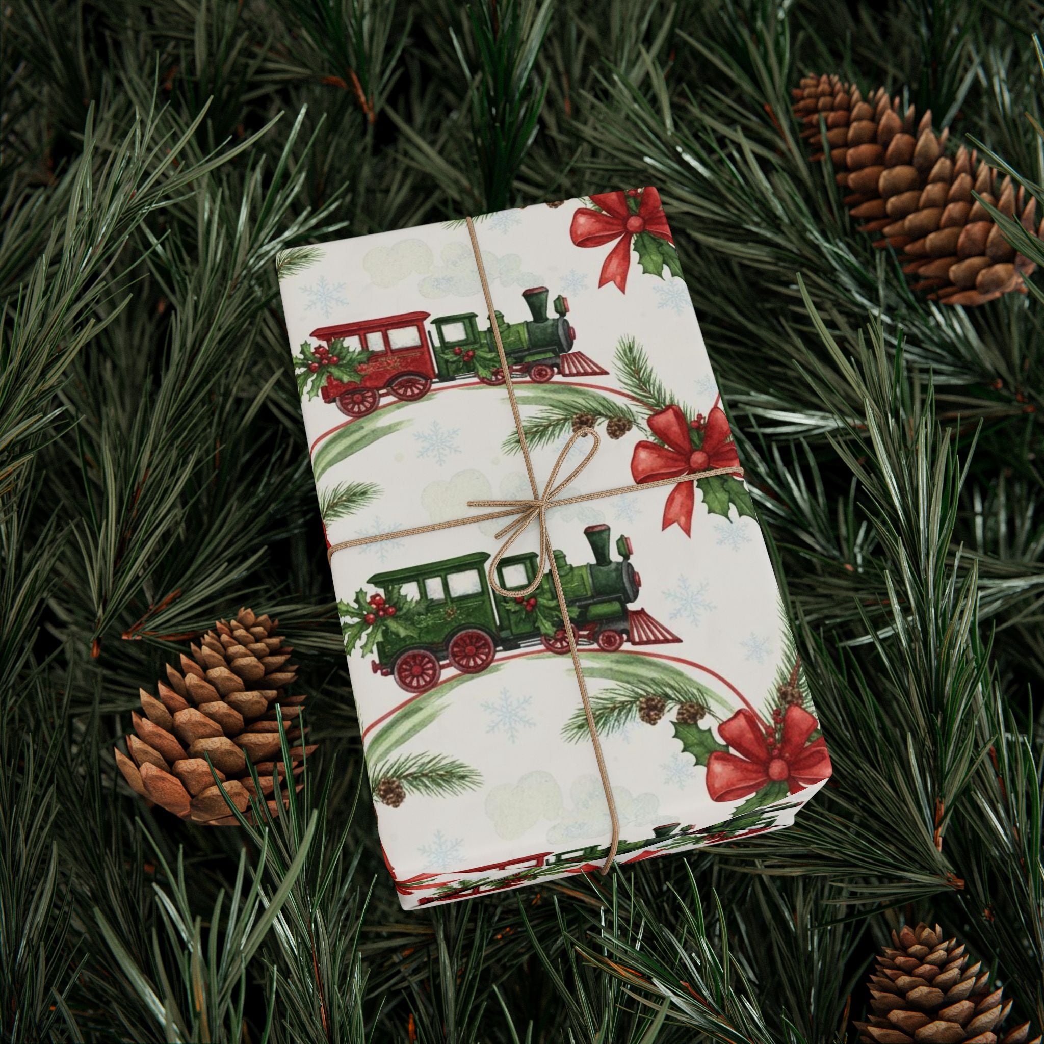 Vintage Christmas Train Wrapping Paper | Holiday Gift Wrap for Boys or Him | Classic Retro Xmas Paper | Festive Winter Train Theme