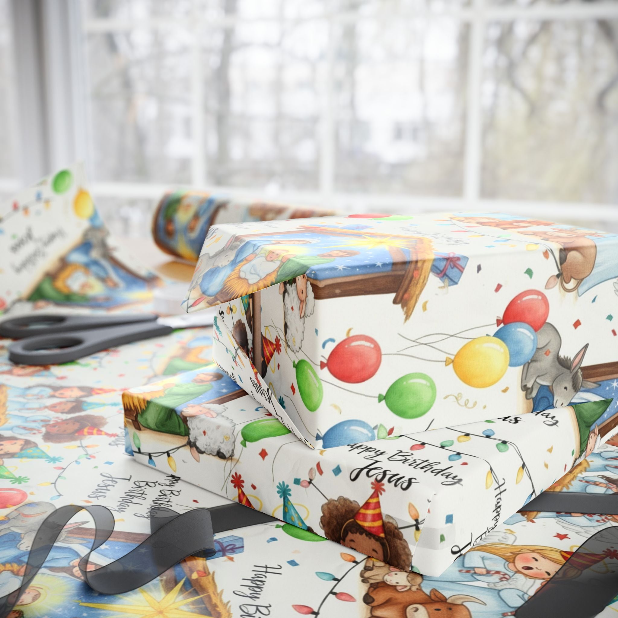 Christian Christmas Wrapping Paper featuring Baby Jesus in the Manger with Angels Singing and Birthday Hats Celebration