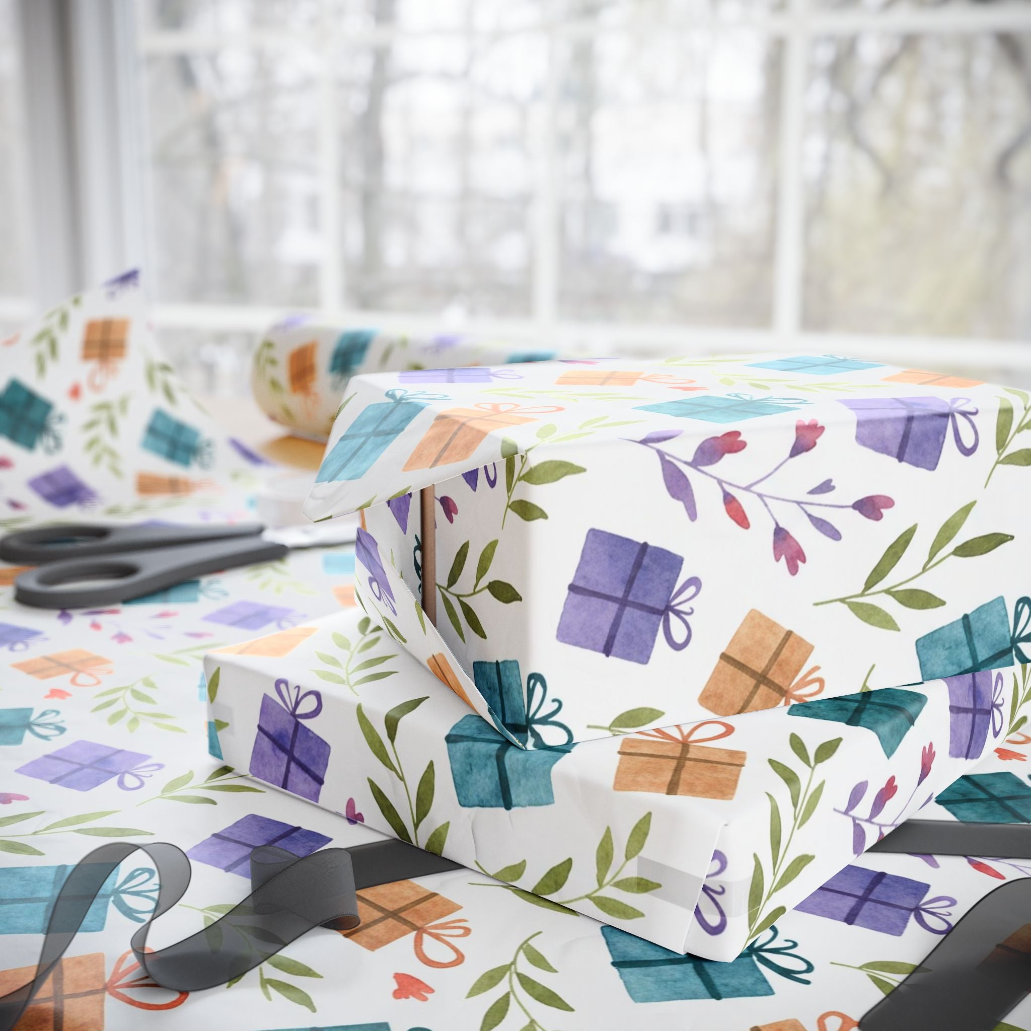 Gift Wrap Paper — Watercolor Presents & Greenery Pattern, Birthday & Holiday Wrapping Sheets