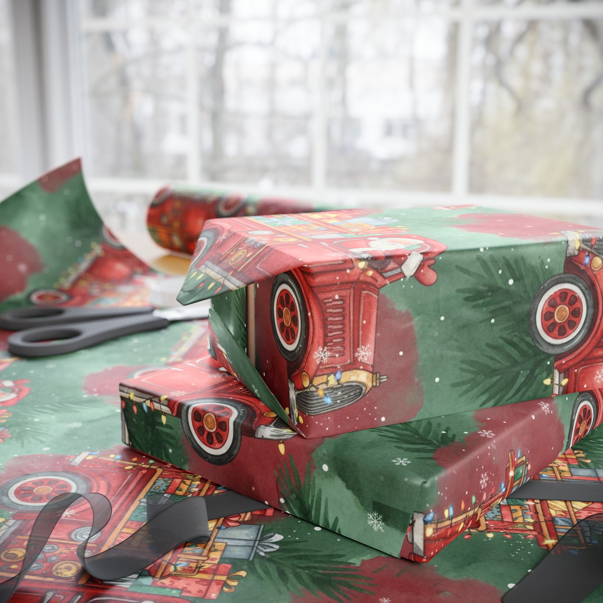 Wrapping Paper, Christmas Fire Truck Gift Wrap, Santa on Fire Engine Holiday Paper, Festive Xmas Gift Wrap, Decorative Present Wrap