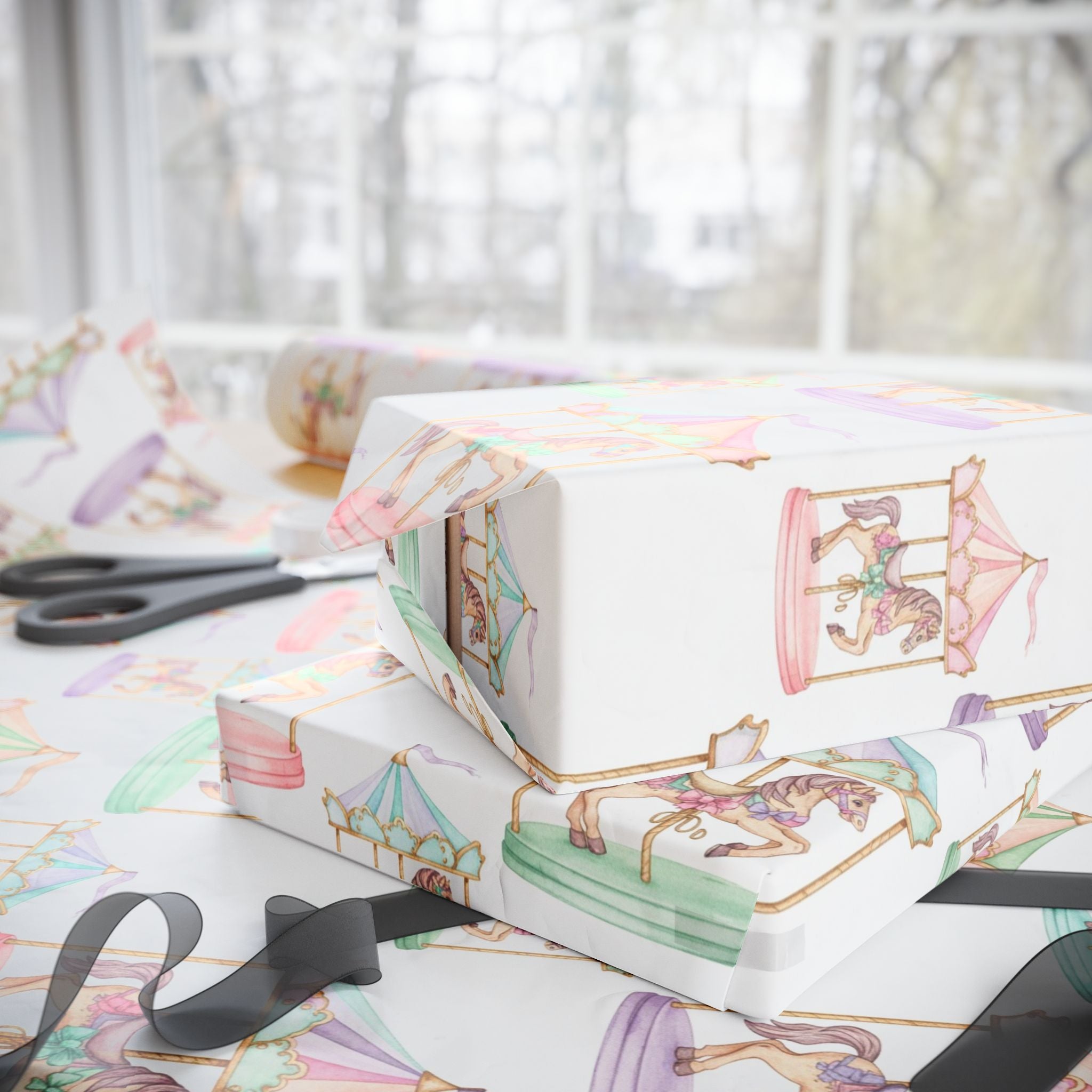 Wrapping Papers: Pastel Carousel Birthday Gift Wrap, For Her, Unique Design, Party Supplies, Celebration Decor, Feminine Presents
