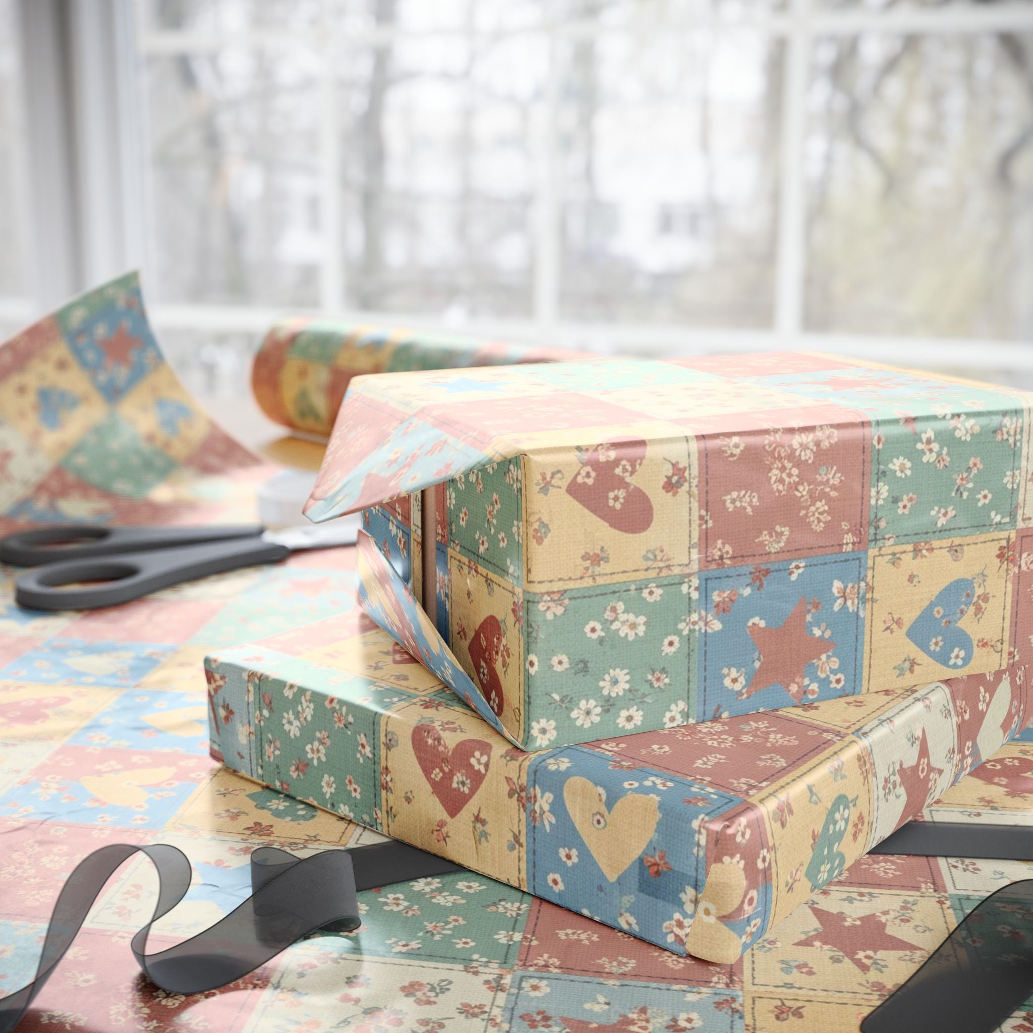 Patchwork Hearts Wrapping Paper | Floral Patch Pattern Roll