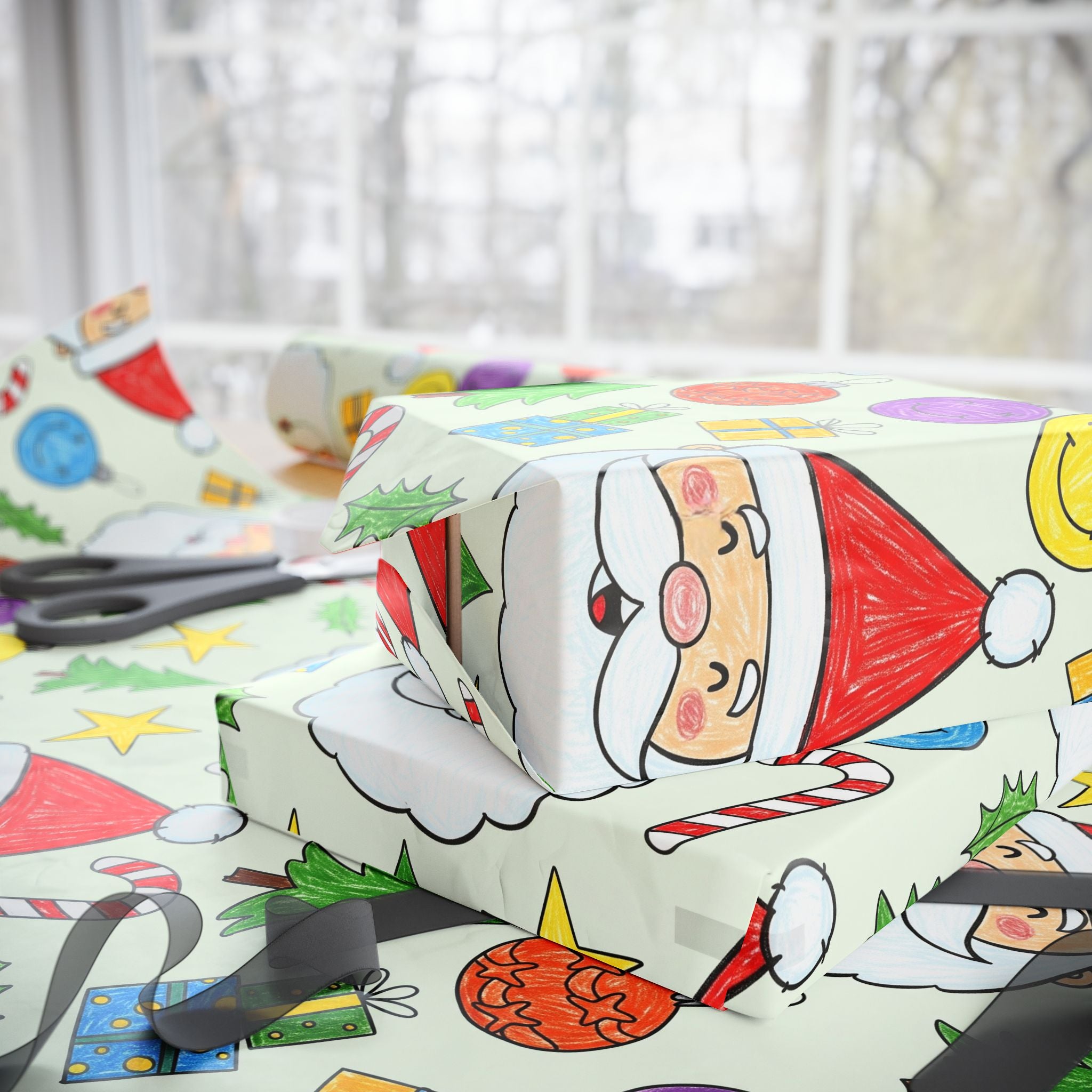 Kids Scribble Santa Wrapping Paper, Cute Christmas Gift Wrap with Childlike Coloring of Santa and Presents, Fun Holiday Kids Gift Paper