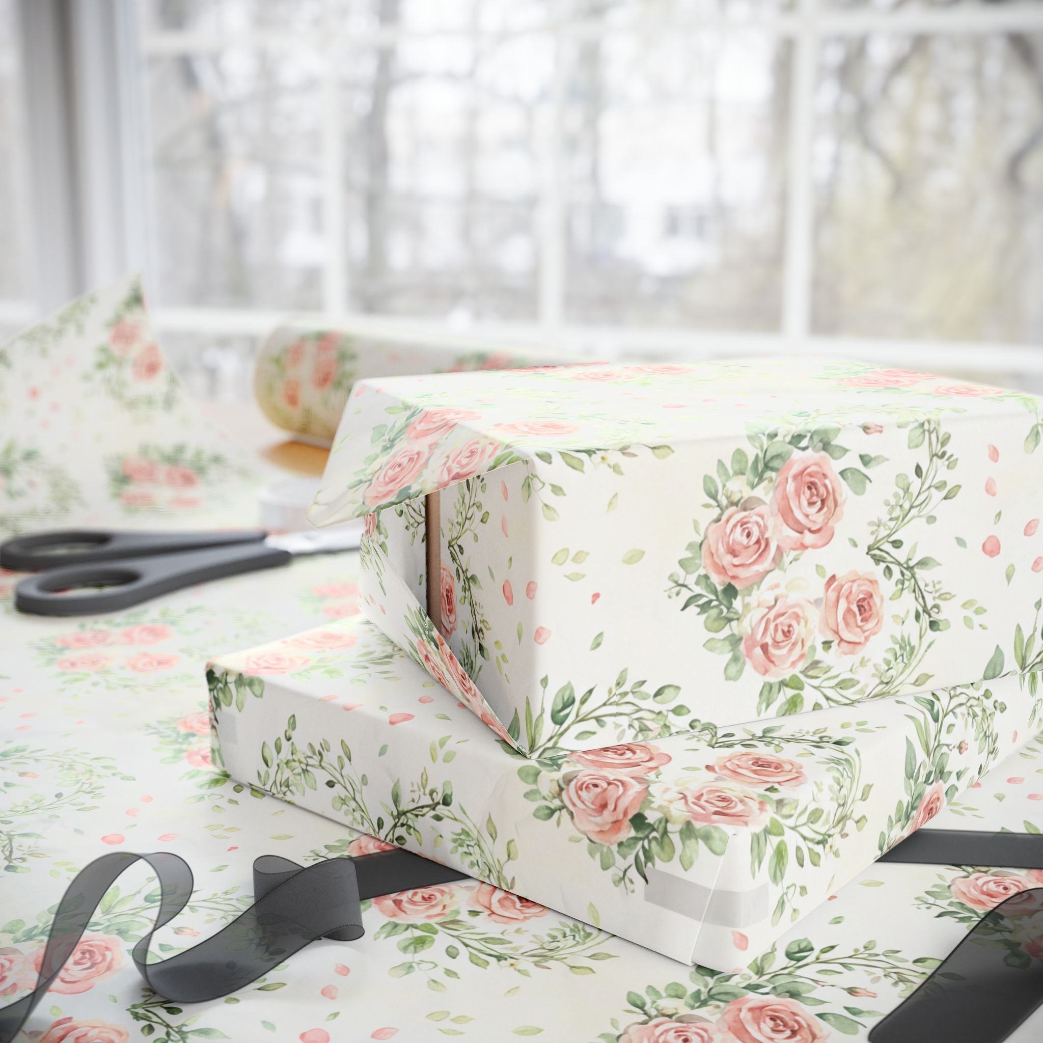 Pink Rose Wreath Wrapping Paper | Floral Gift Wrap, Vintage Bouquet Pattern