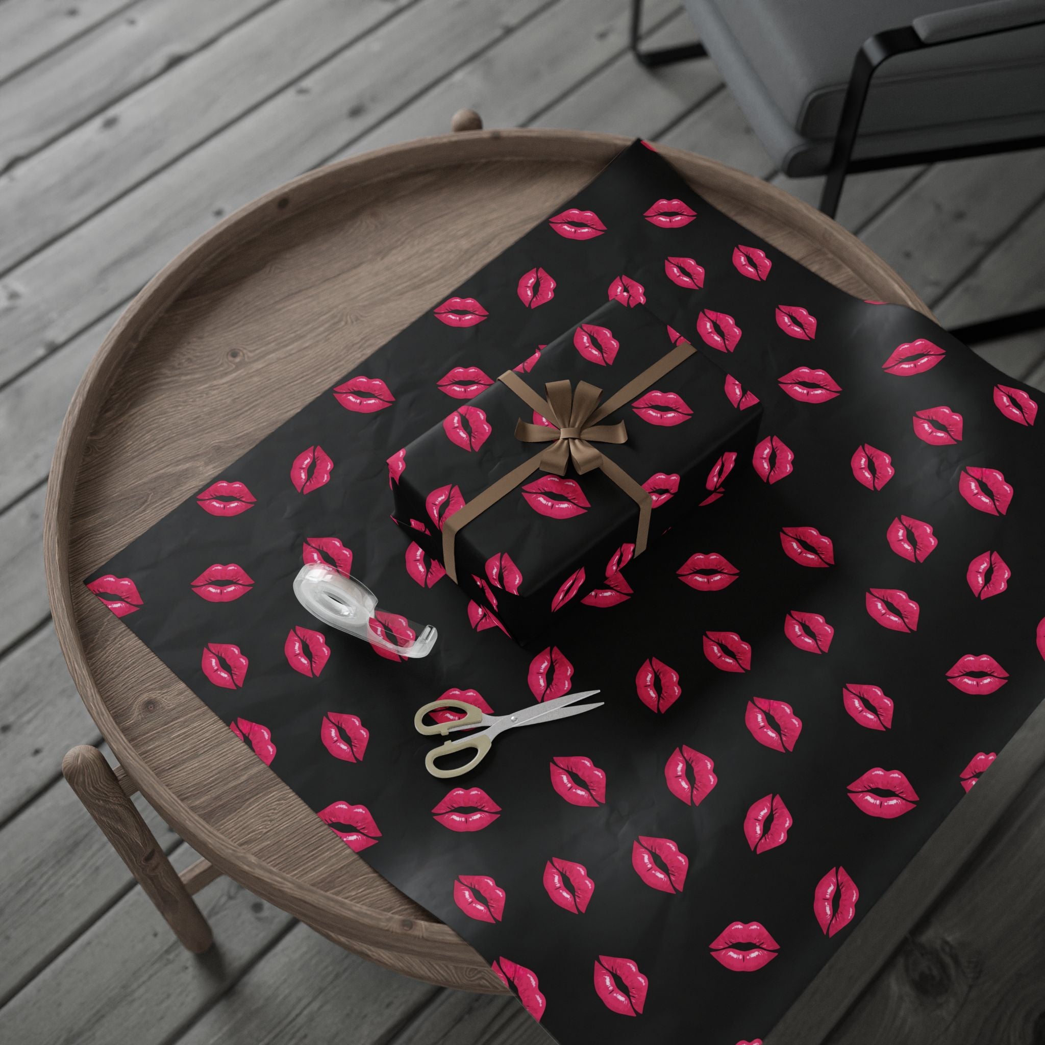 Pink Kiss Lips pattern Wrapping Paper | Black lipstick print