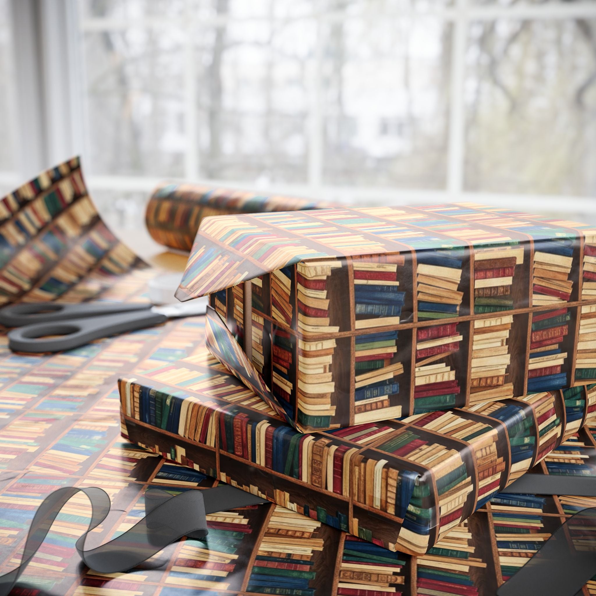 Vintage Bookshelf Pattern Wrapping Paper | Library Book Spine Gift Wrap