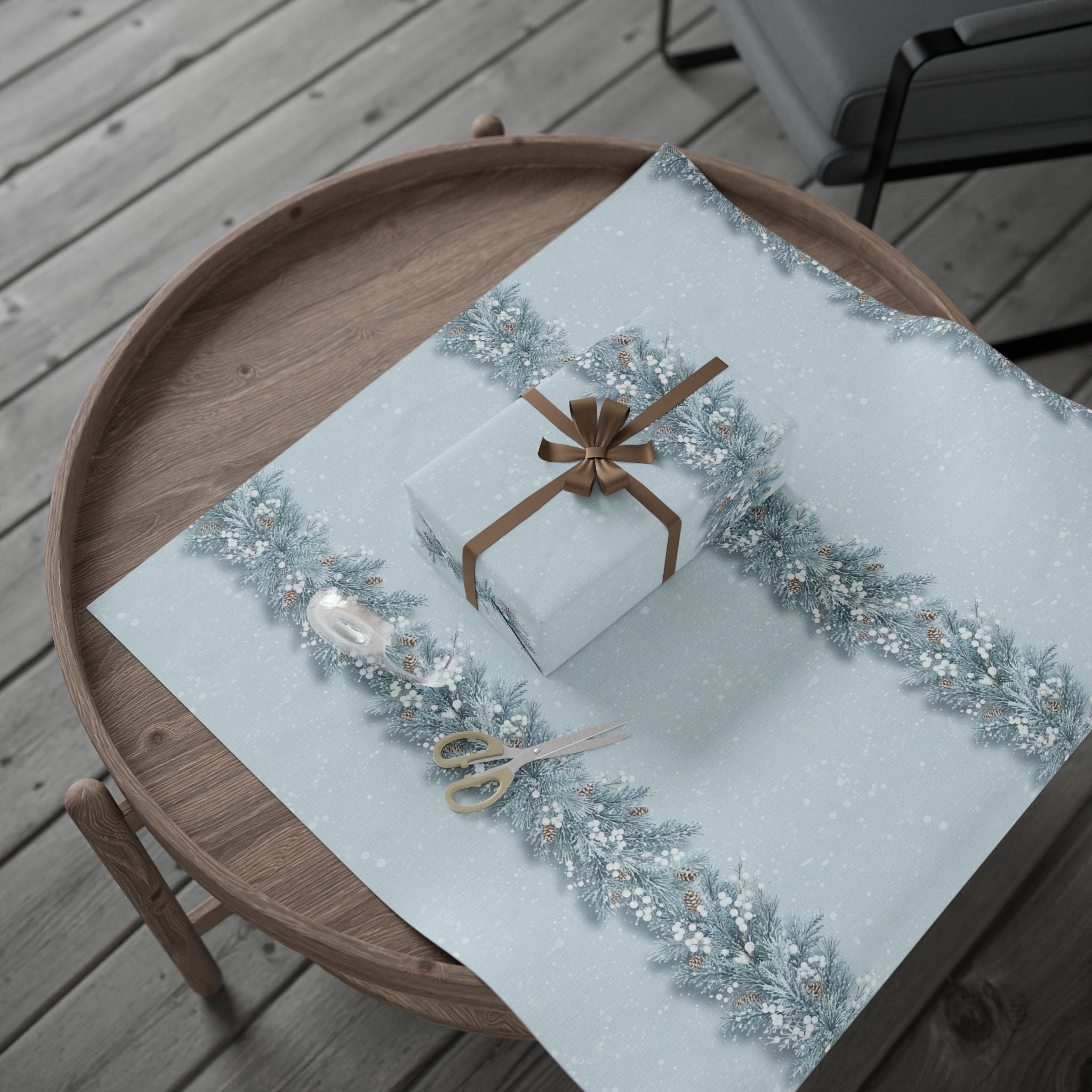 Winter Pine Cones Wrapping Papers | Blue Snowy Evergreen Pattern