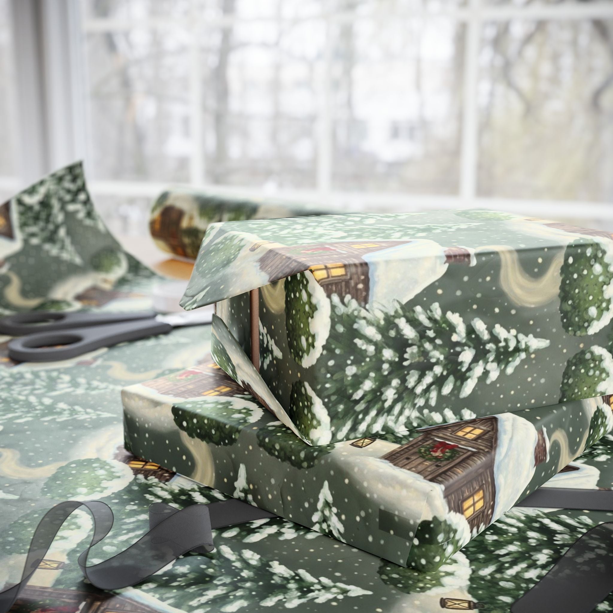 Wrapping Papers: Winter Wonderland Snowy Christmas Trees & Cozy Cabin Gift Wrap, Holiday Forest Theme, Festive Present Packing, Seasonal