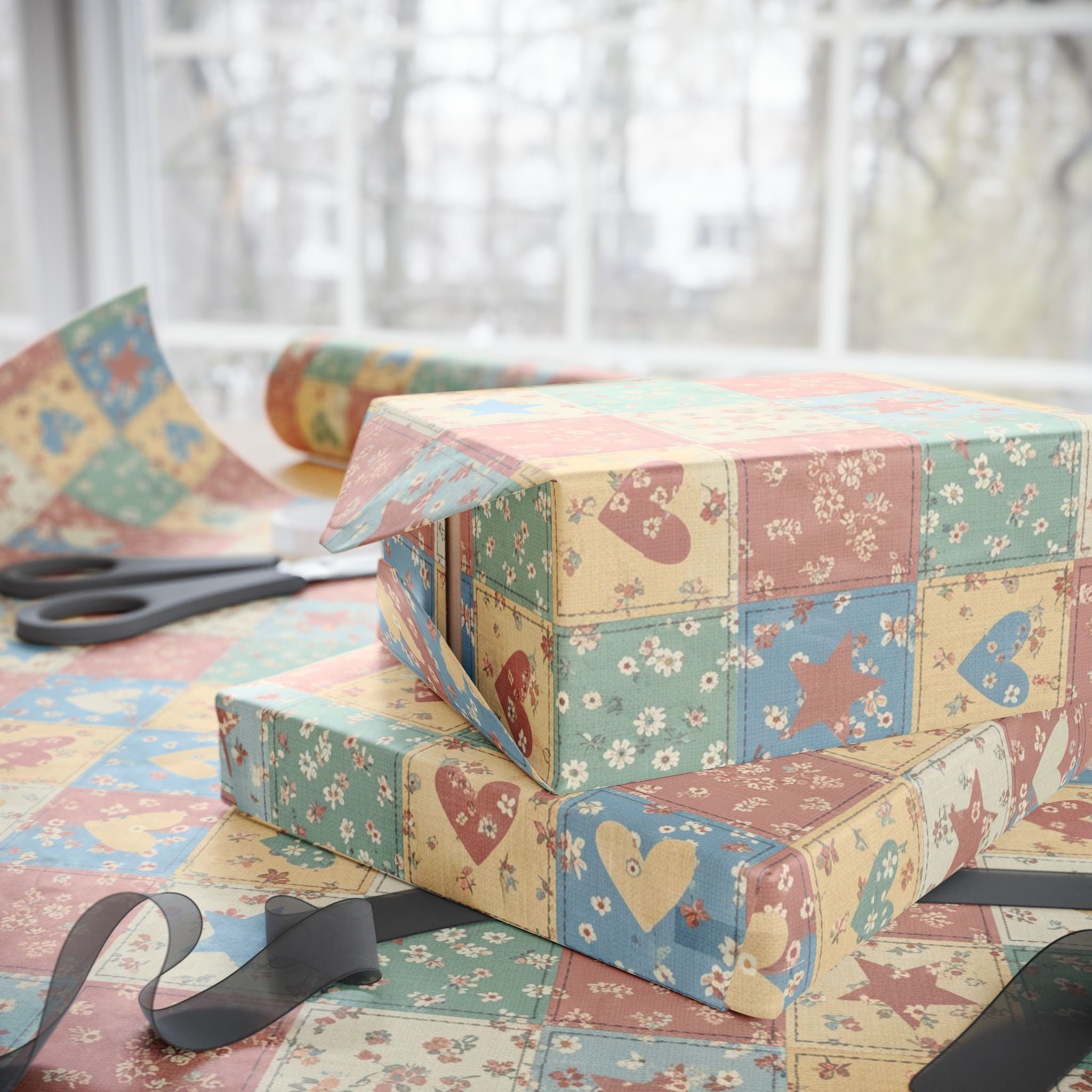 Patchwork Hearts Wrapping Paper | Floral Patch Pattern Roll