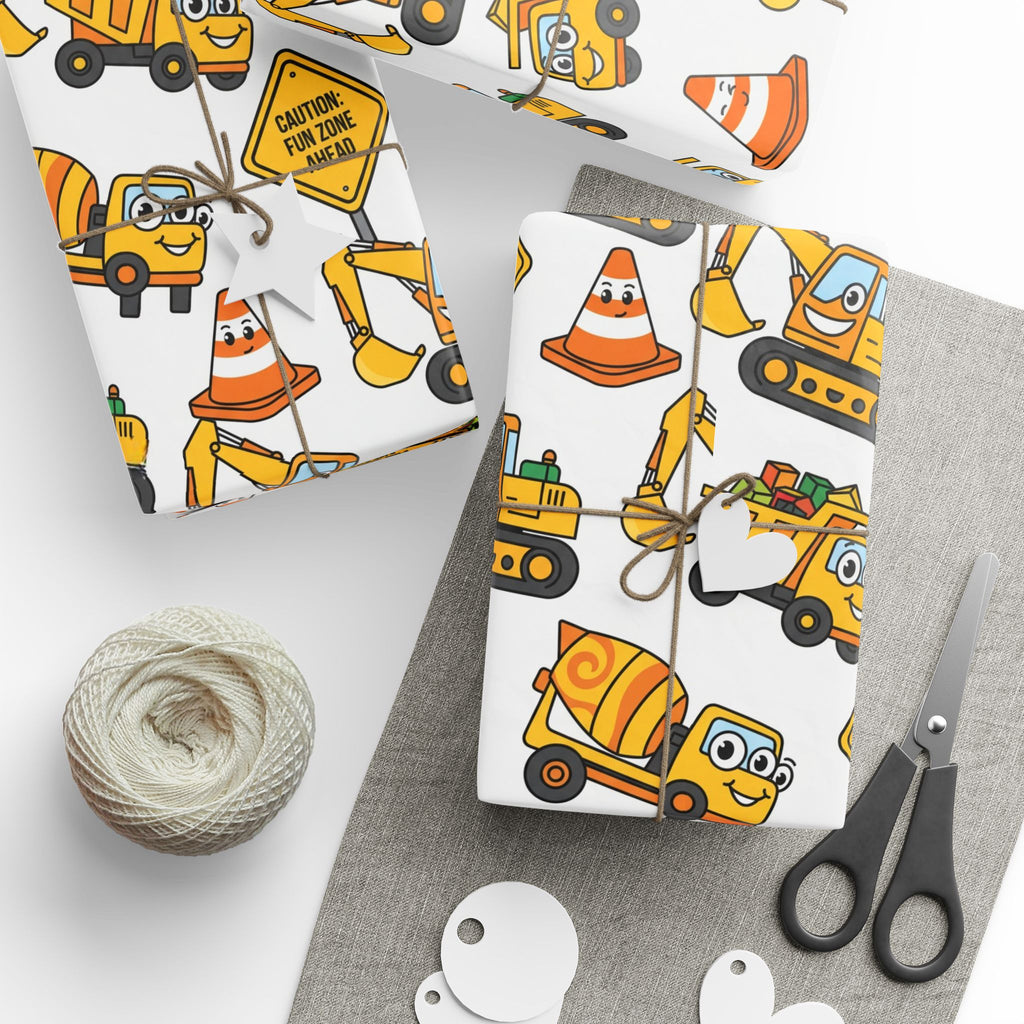 Construction Birthday Wrapping Papers, Dump Truck Digger Cement Mixer Yellow Orange Gift Wrap, Kids Party Supplies, Building Site Theme,