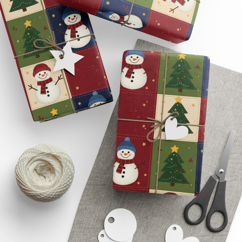 Snowman & Christmas Quilt Tree Wrapping Paper | Holiday Pattern Roll