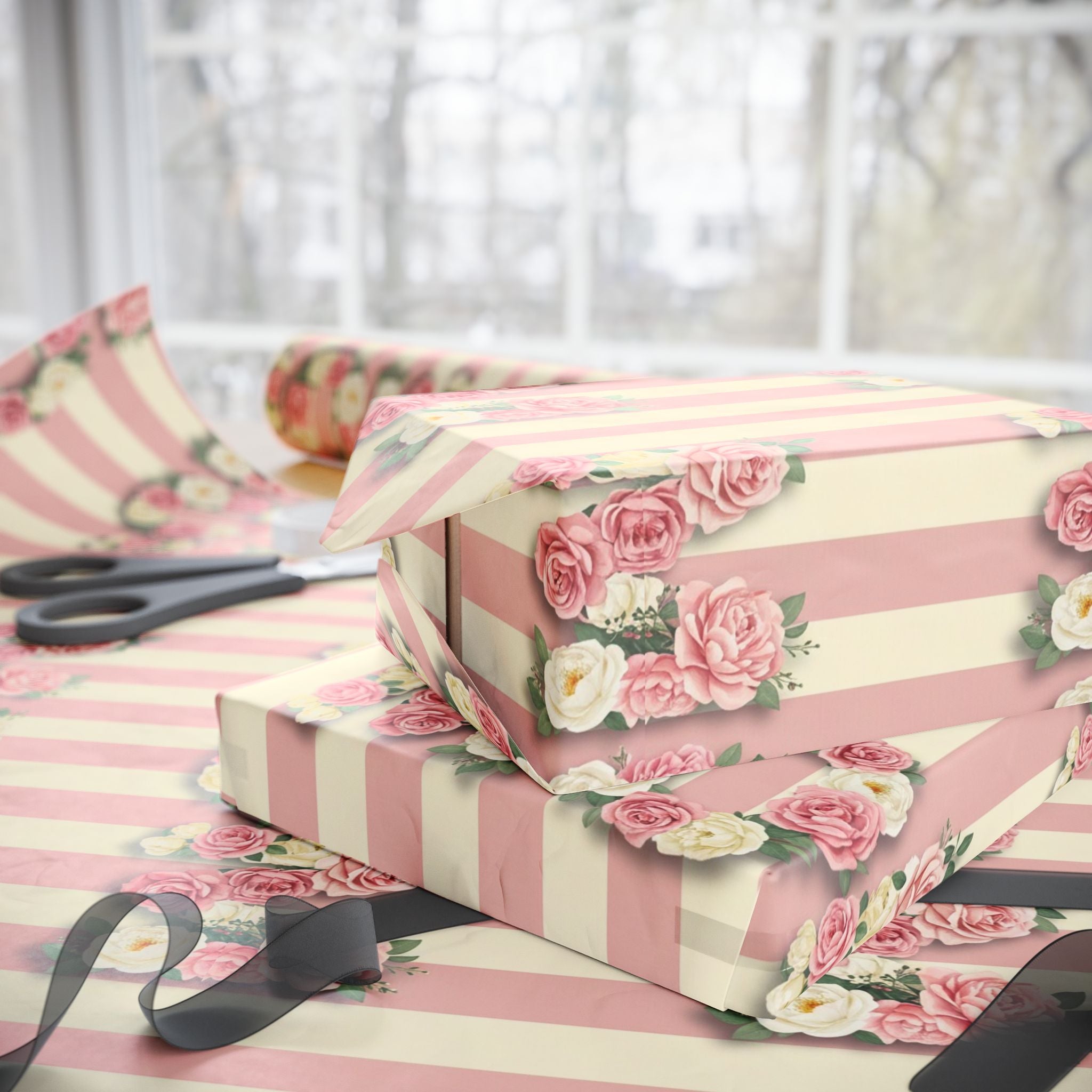 Vintage Rose Stripes Wrapping Paper | Floral Gift Wrap Rolls | Mother's Day