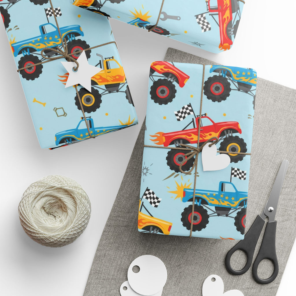 Birthday Wrapping Paper, Boys Monster Truck Gift Wrap, Kids Party Supplies, DIY Crafts, Present Packaging