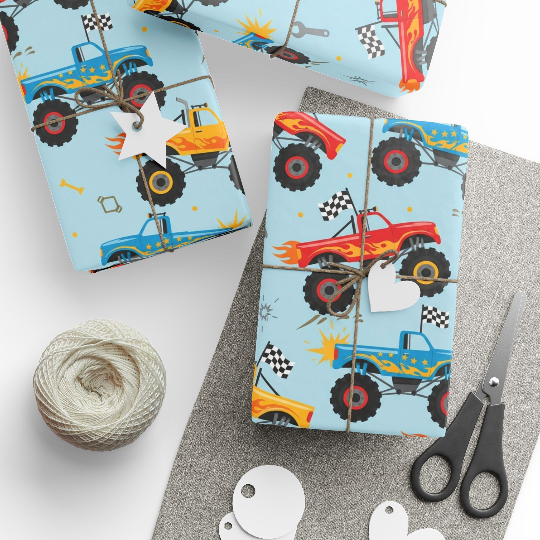 Birthday Wrapping Paper, Boys Monster Truck Gift Wrap, Kids Party Supplies, DIY Crafts, Present Packaging