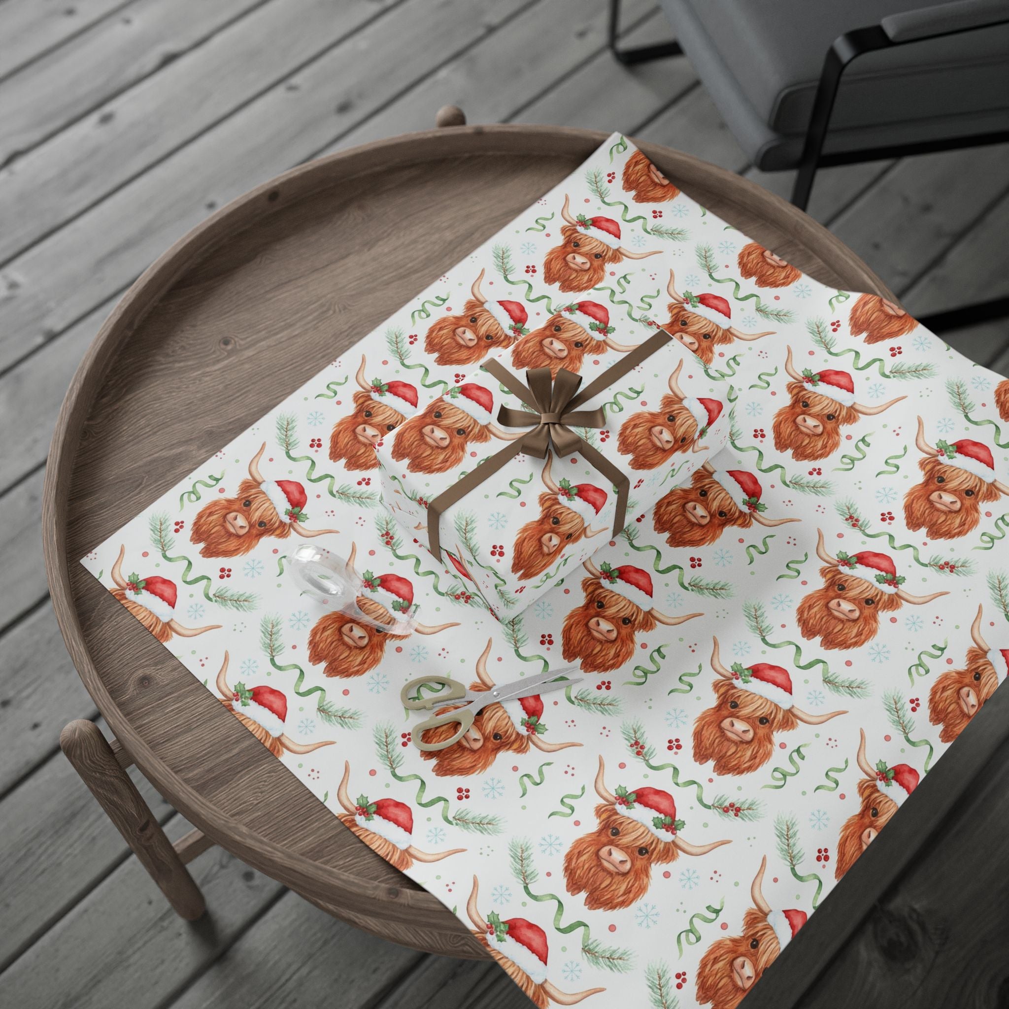 Cute Highland Cow Christmas Wrapping Paper | Farmhouse Holiday Gift Wrap | Country Xmas Decor | Rustic Cow Print | Festive Winter Wrap