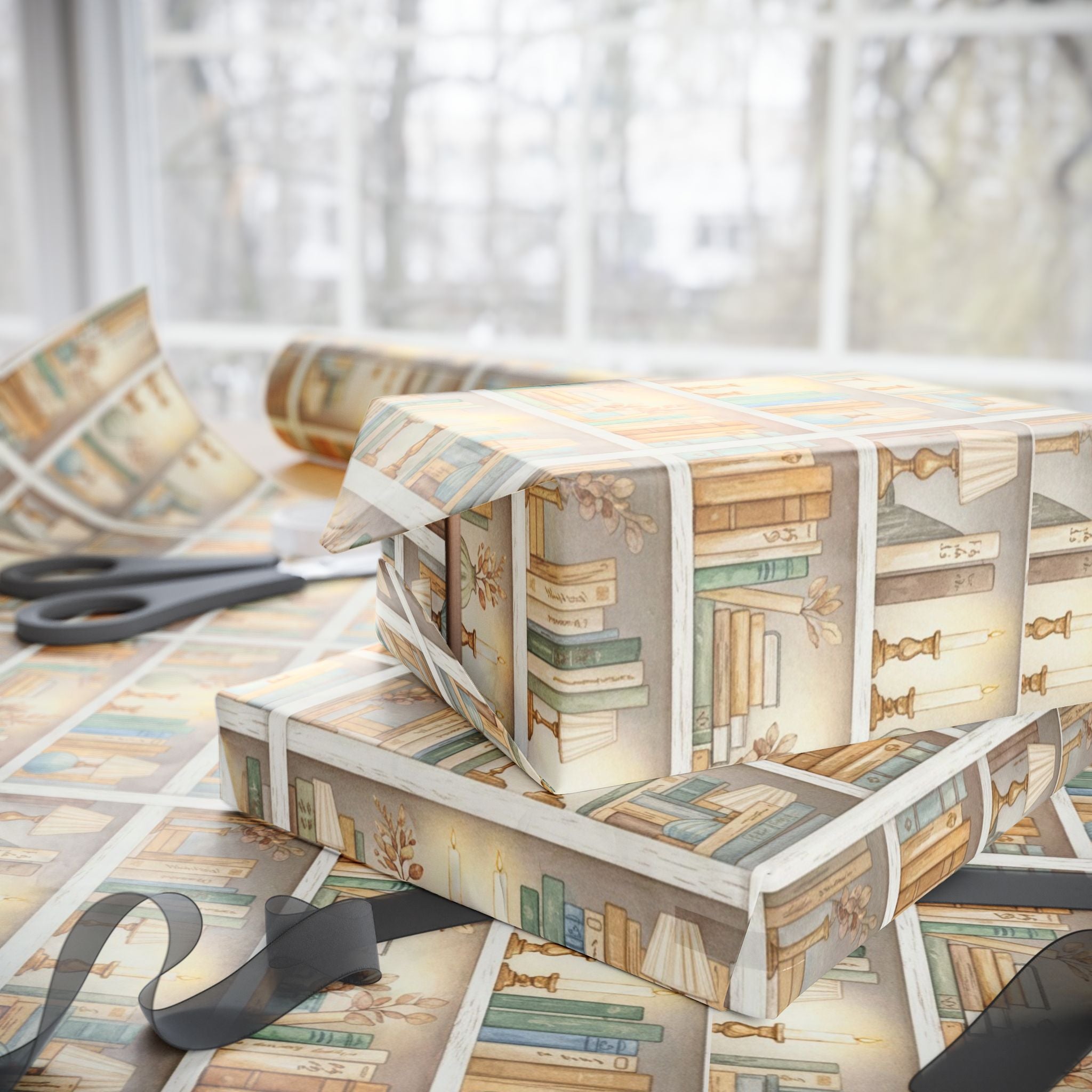 Cozy Bookshelf Pattern Wrapping Paper | Vintage Library Gift Wrap
