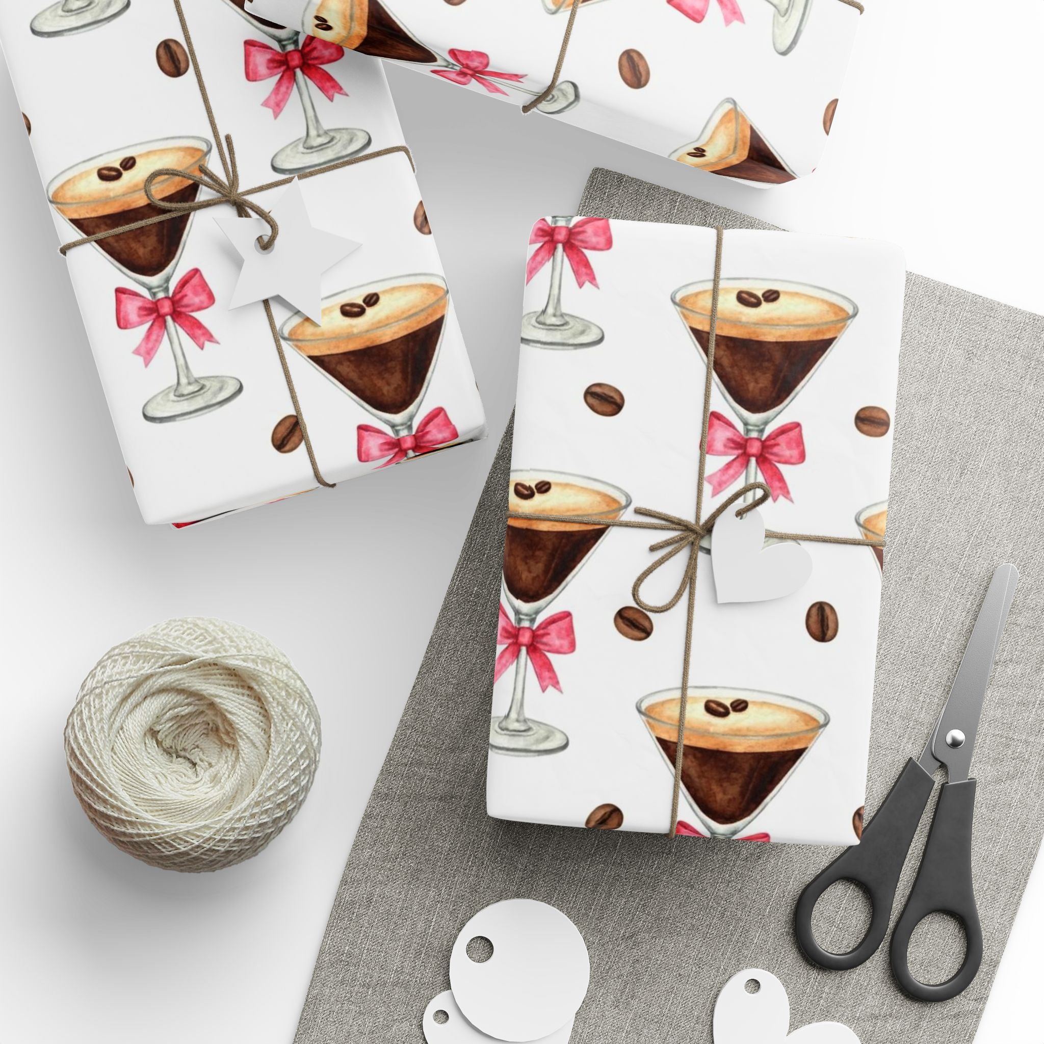 Espresso Martini Wrapping Paper with Pink Bows | Birthday Gift Wrap | Bridal Shower Wrap | Cocktail Party Paper | Girly Chic Gift Wrap