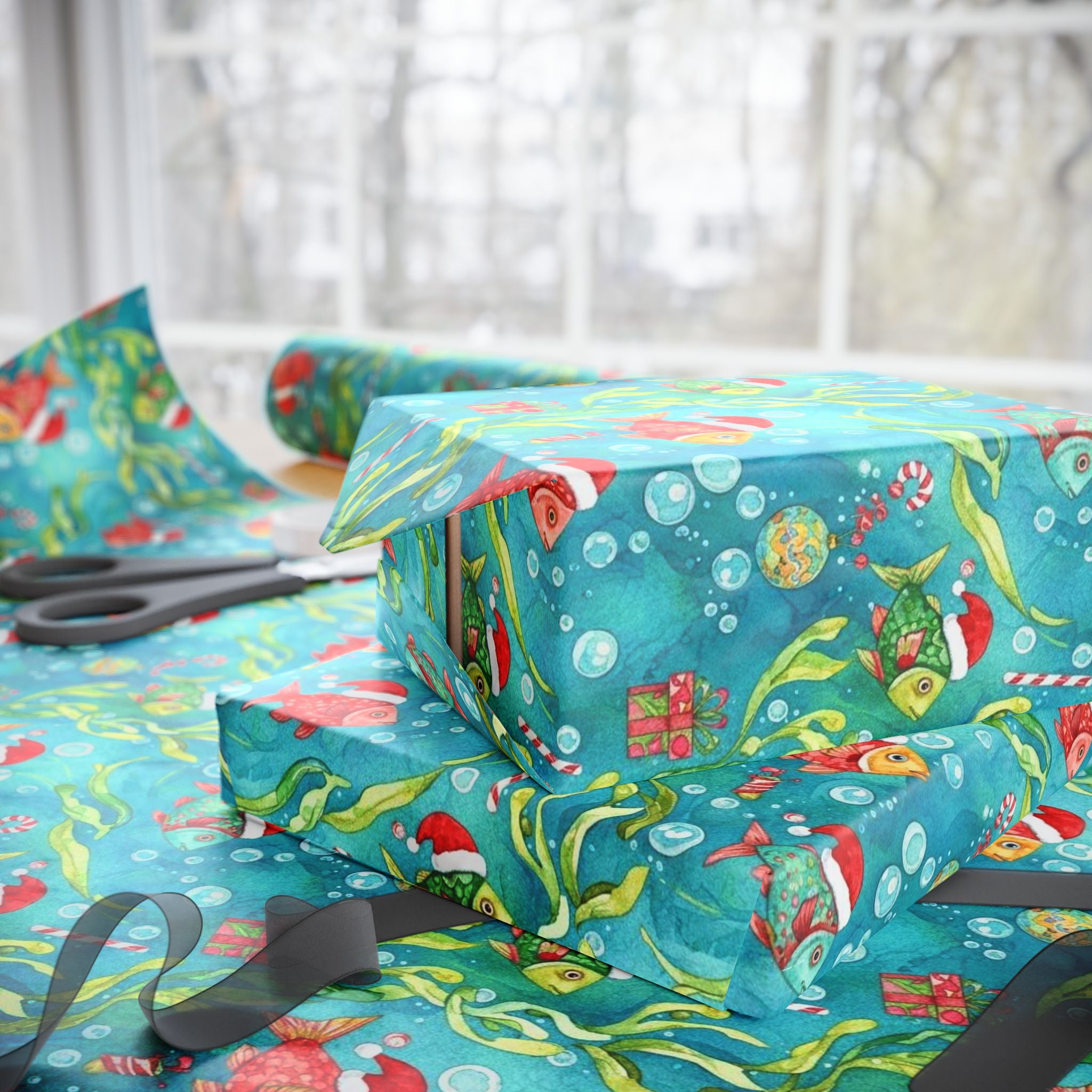 Underwater Fish Christmas Wrapping Paper | Cute Ocean Holiday Gift Wrap | Sea Life Xmas  | Coastal Christmas Decor | Beachy Holiday Wrap