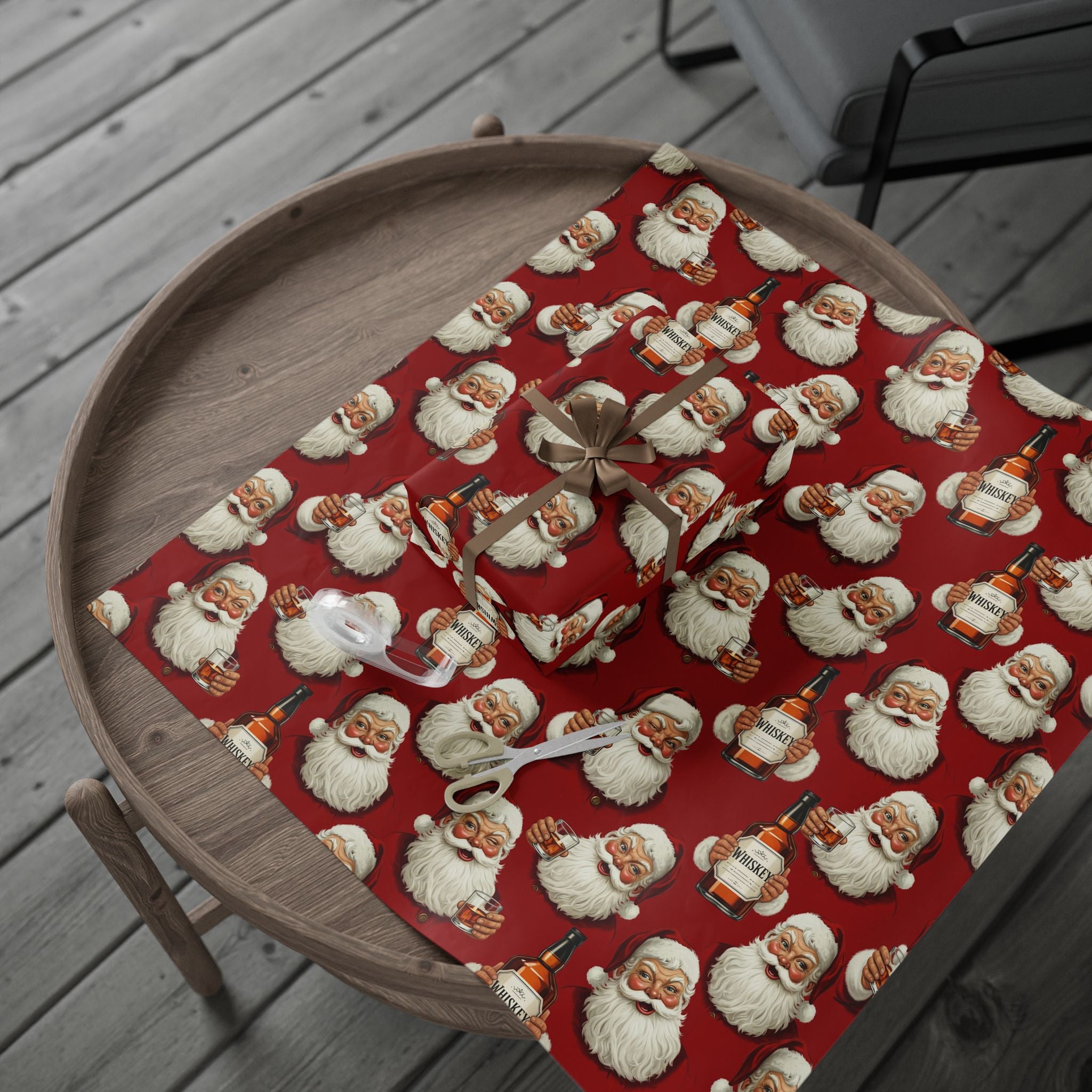Santa Drinking Whiskey Wrapping Paper, Funny Adult Christmas Gift Wrap, Holiday Humor Packaging, Gag Gift Wrap for Men and Parties