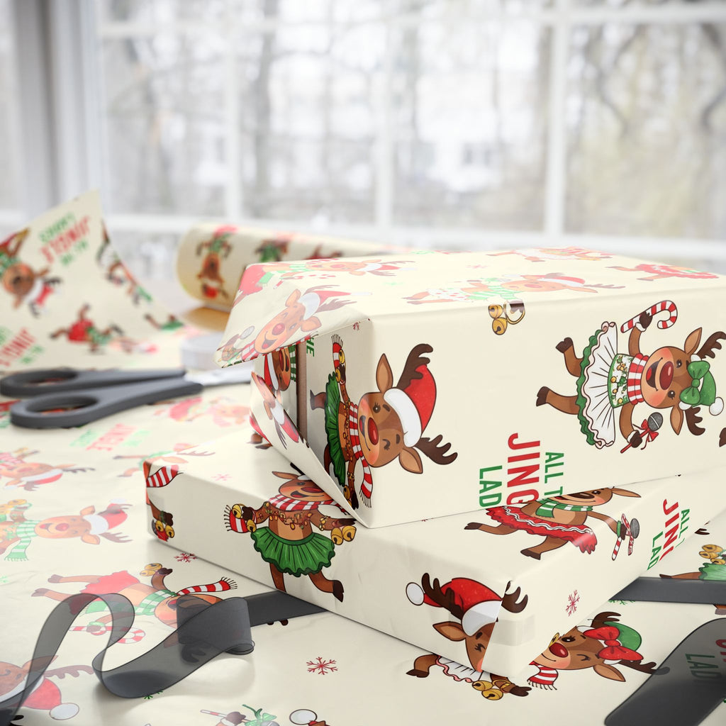 All the Jingle Ladies Wrapping Paper, Funny Singing & Dancing Reindeer Christmas Gift Wrap, Cute Holiday Packaging, Novelty Xmas Paper