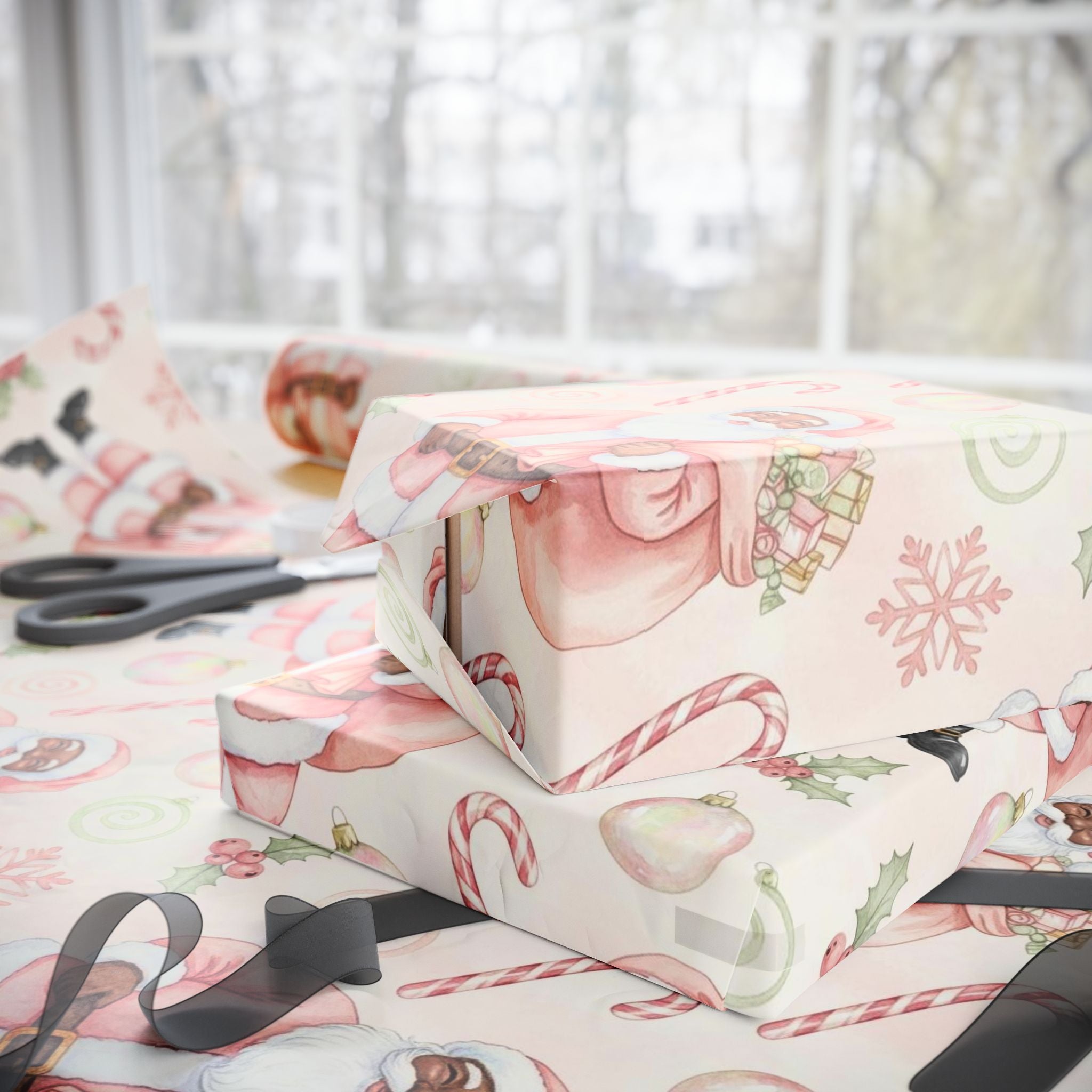 Pink Black Santa Wrapping Paper | African American Santa Gift Wrap | Girly Christmas Paper | Modern Holiday Decor | Festive Pastel Xmas Wrap