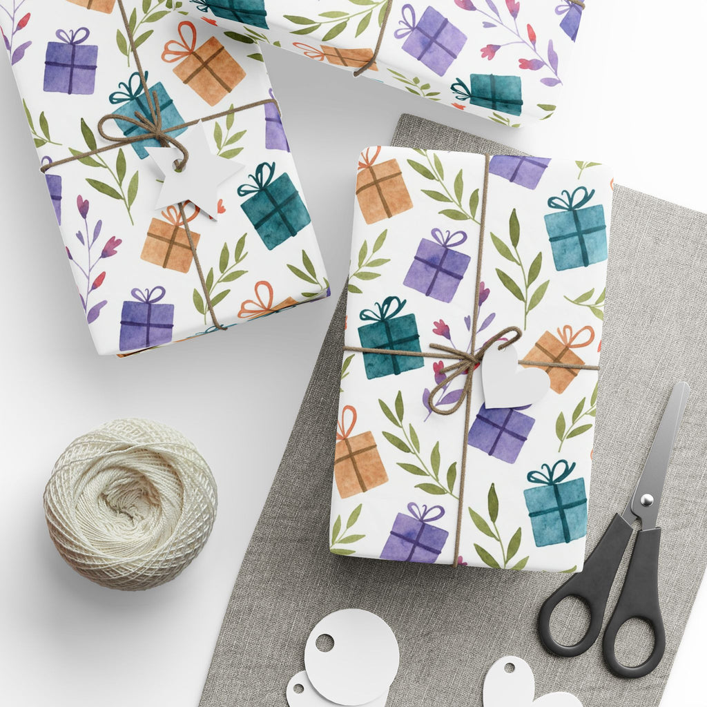 Gift Wrap Paper — Watercolor Presents & Greenery Pattern, Birthday & Holiday Wrapping Sheets
