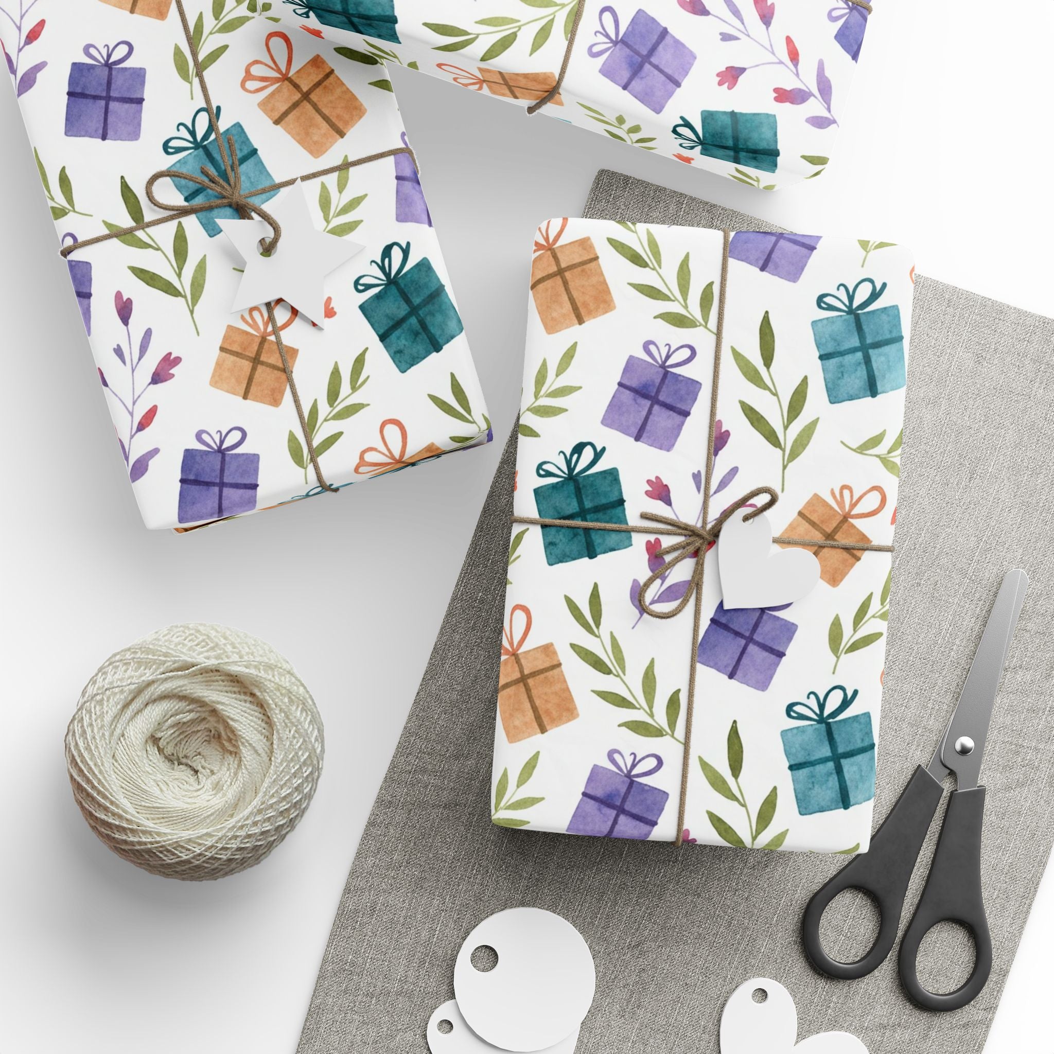 Gift Wrap Paper — Watercolor Presents & Greenery Pattern, Birthday & Holiday Wrapping Sheets