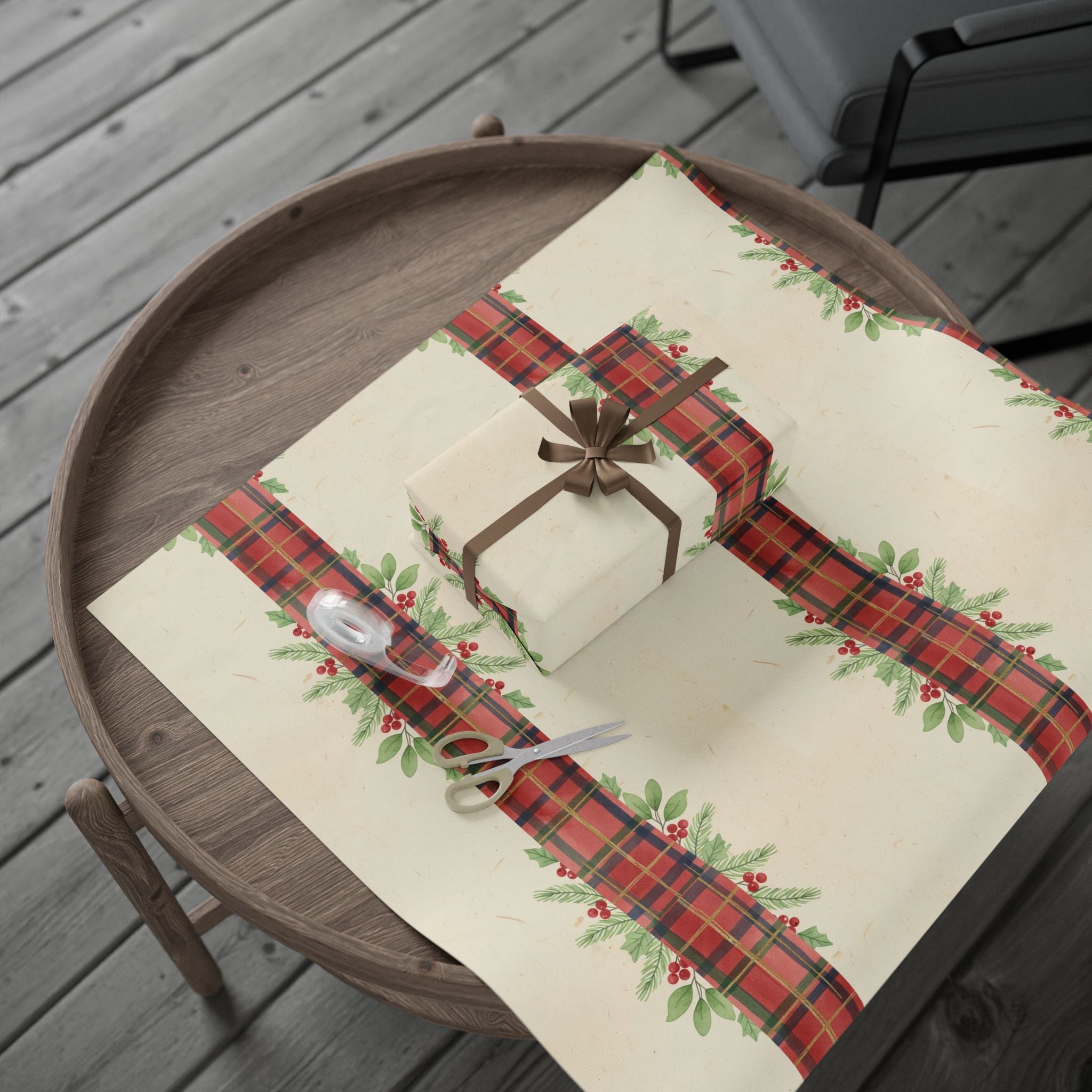 Red Tartan Plaid with Holly Wrapping Paper | Holiday Gift Wrap