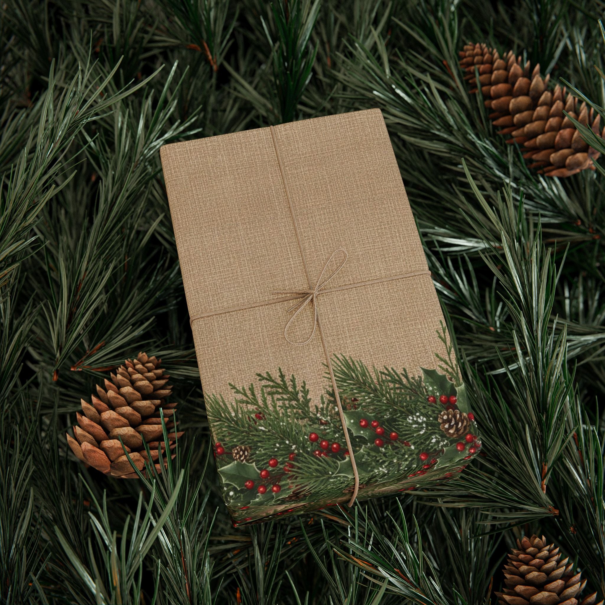 Pine Boughs & Berries Wrapping Paper | Kraft Holiday Gift Wrap Roll