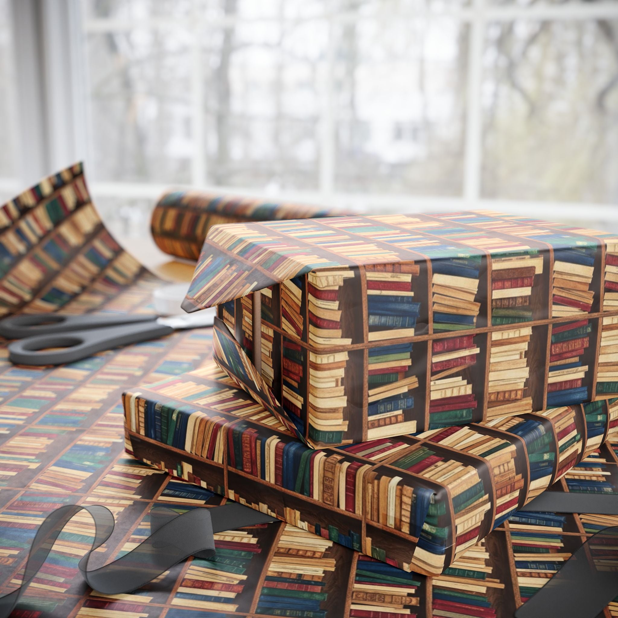 Vintage Bookshelf Pattern Wrapping Paper | Library Book Spine Gift Wrap