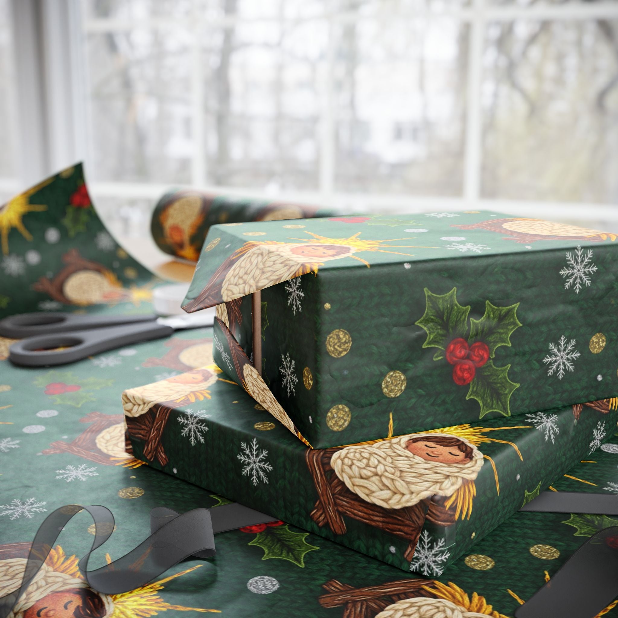 Baby Jesus Knit Wrapping Paper | Christmas Pattern on Green