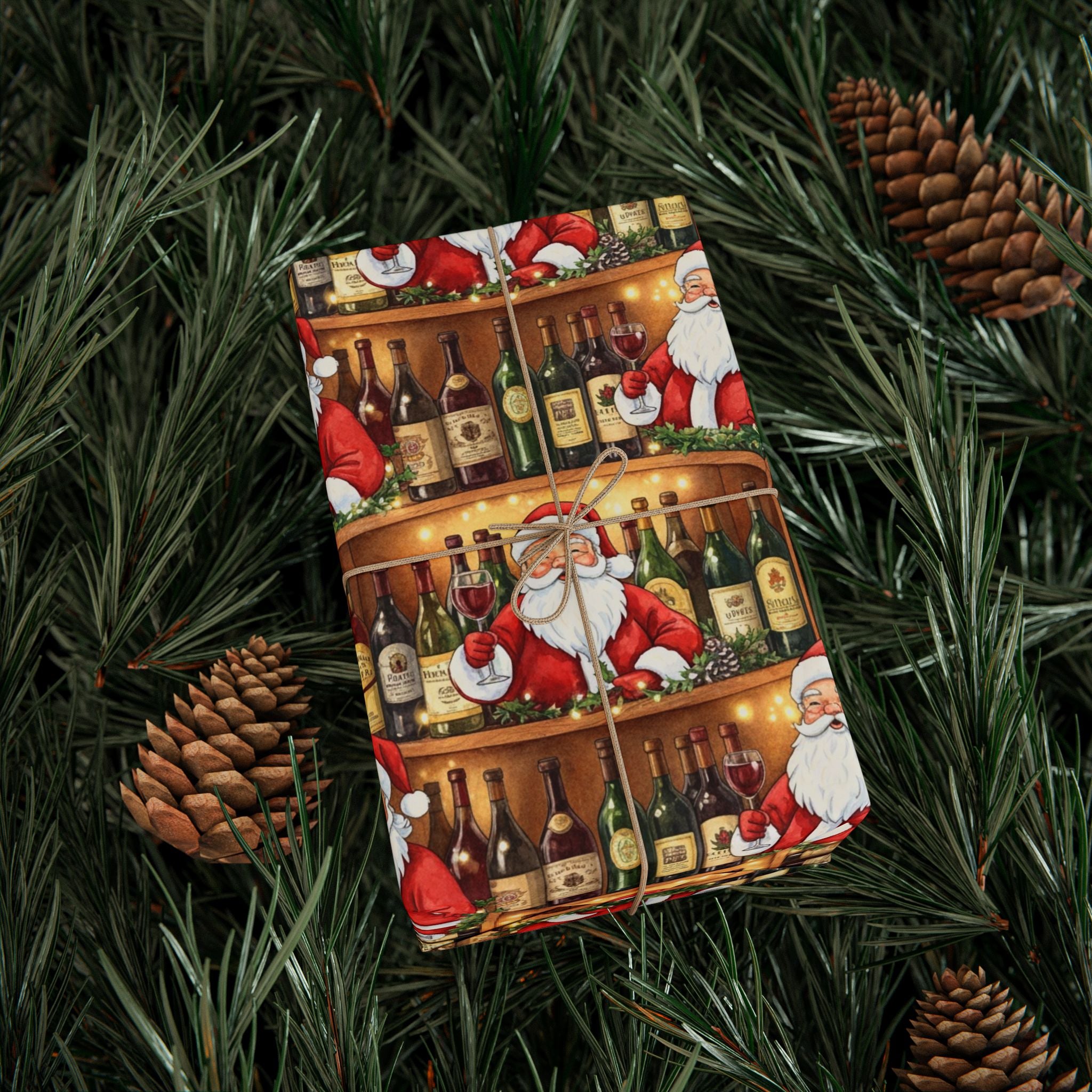 Holiday Santa in the Wine Cellar Wrapping Paper, Christmas Gift Wrap, Festive Wine Lover Present Wrap, Sophisticated Holiday Decor,