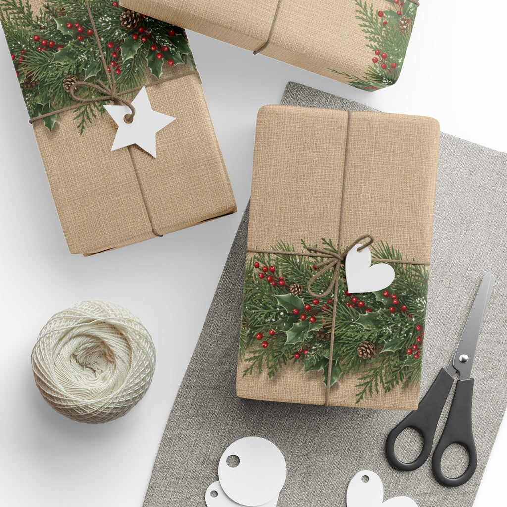 Pine Boughs & Berries Wrapping Paper | Kraft Holiday Gift Wrap Roll